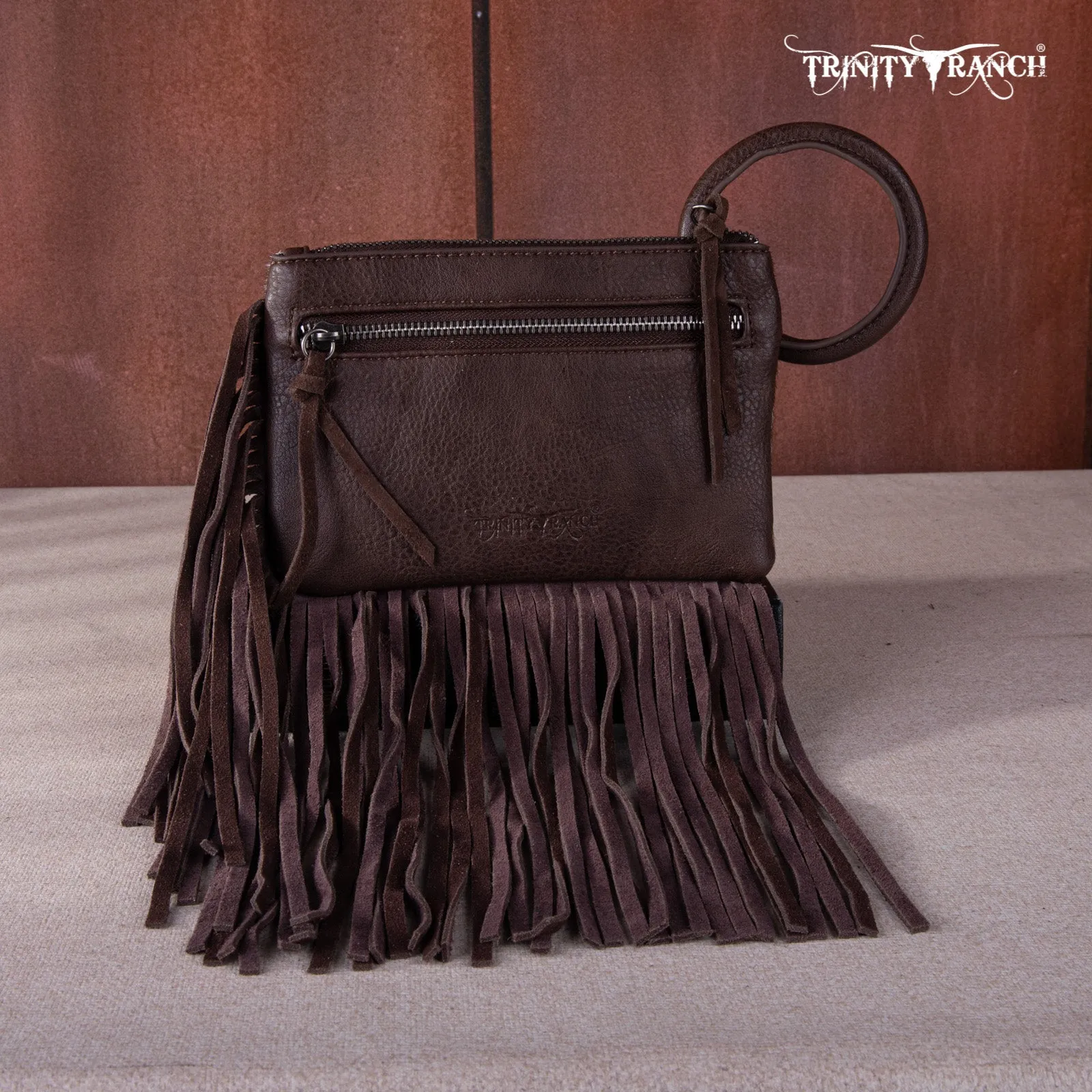 TR167-A181 Trinity Ranch Genuine Hair-On Cowhide Ring Handle Wristlet Clutch Bag - Black