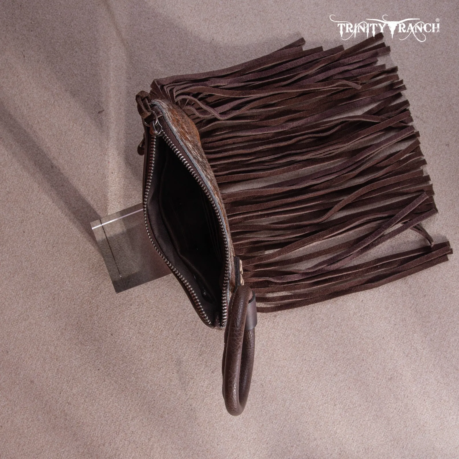 TR167-A181 Trinity Ranch Genuine Hair-On Cowhide Ring Handle Wristlet Clutch Bag - Black