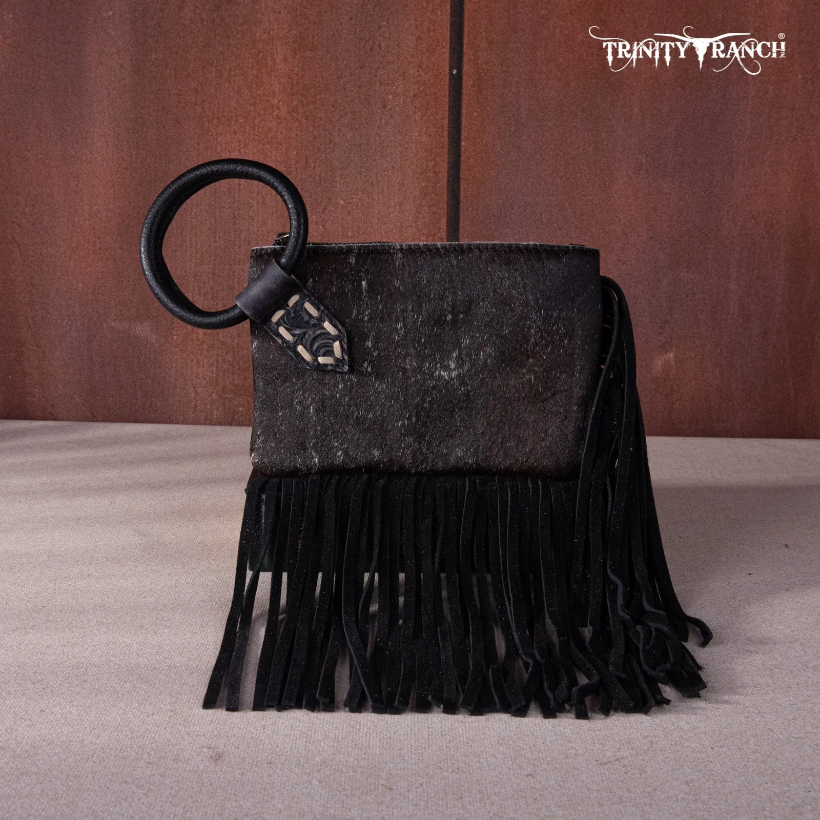 TR167-A181 Trinity Ranch Genuine Hair-On Cowhide Ring Handle Wristlet Clutch Bag - Black