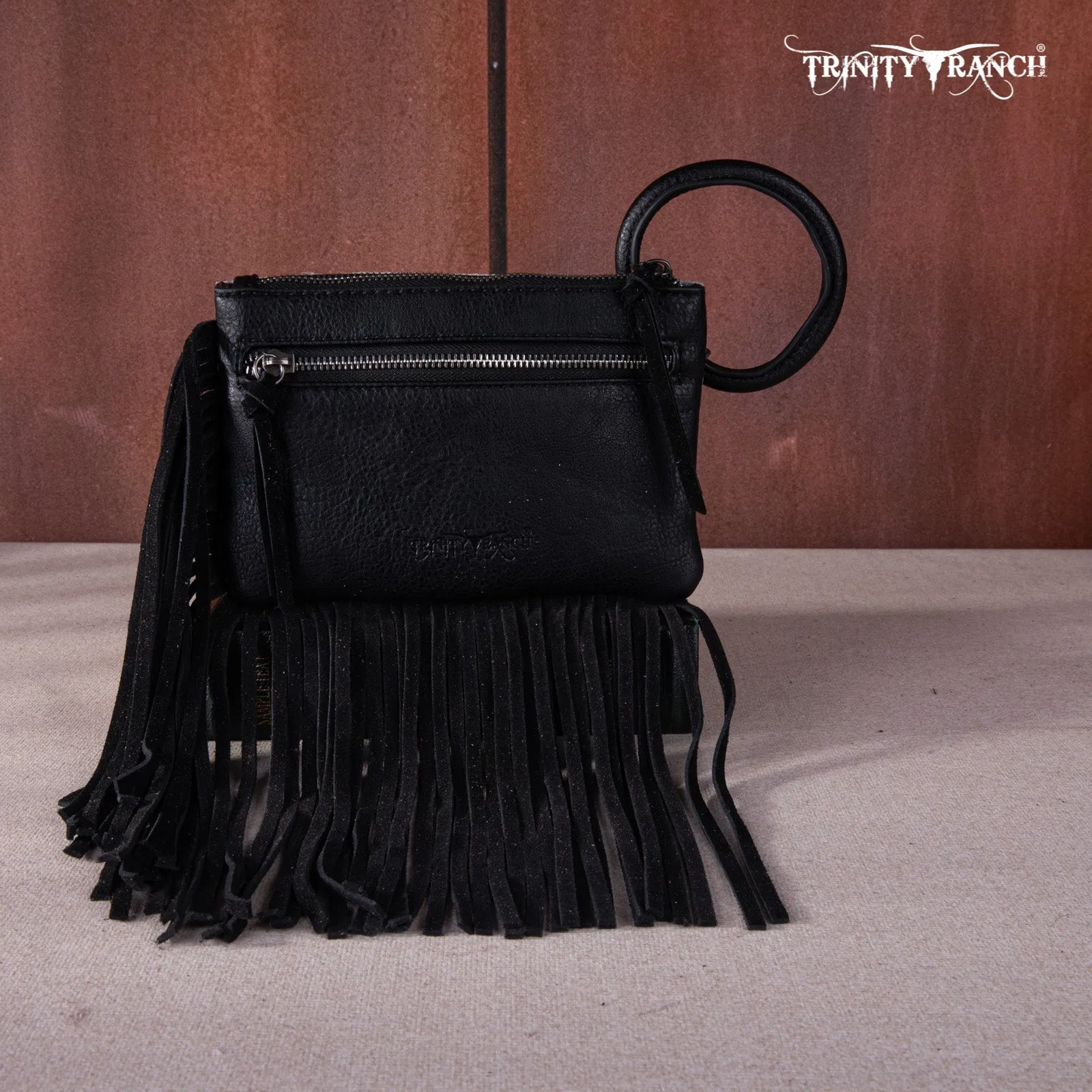 TR167-A181 Trinity Ranch Genuine Hair-On Cowhide Ring Handle Wristlet Clutch Bag - Black