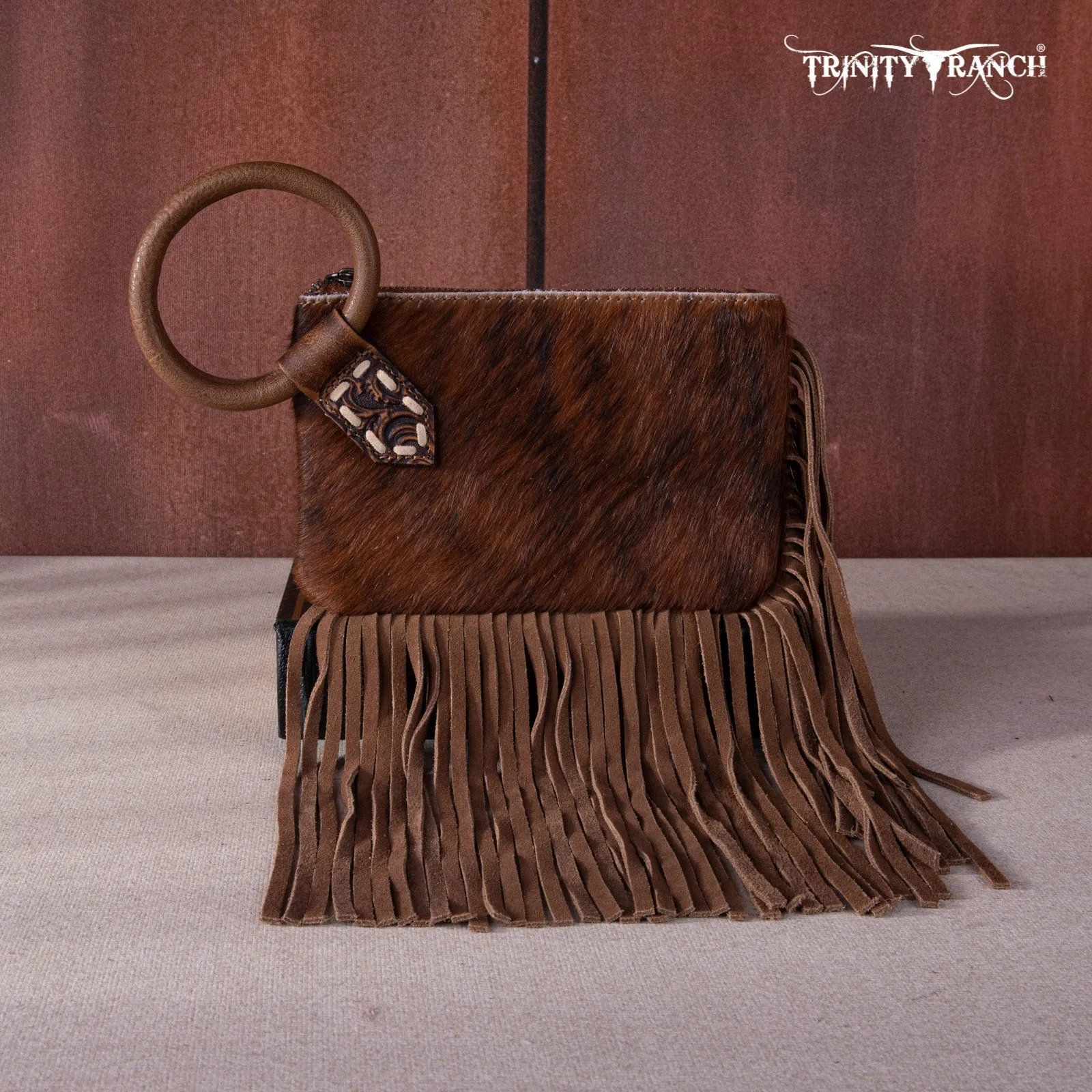 TR167-A181 Trinity Ranch Genuine Hair-On Cowhide Ring Handle Wristlet Clutch Bag - Black