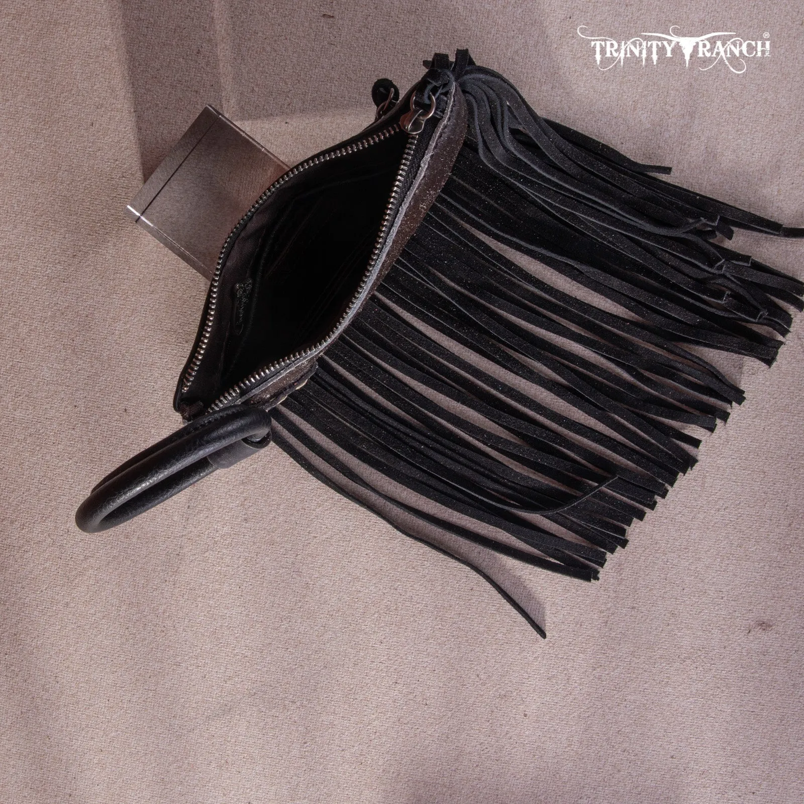 TR167-A181 Trinity Ranch Genuine Hair-On Cowhide Ring Handle Wristlet Clutch Bag - Black