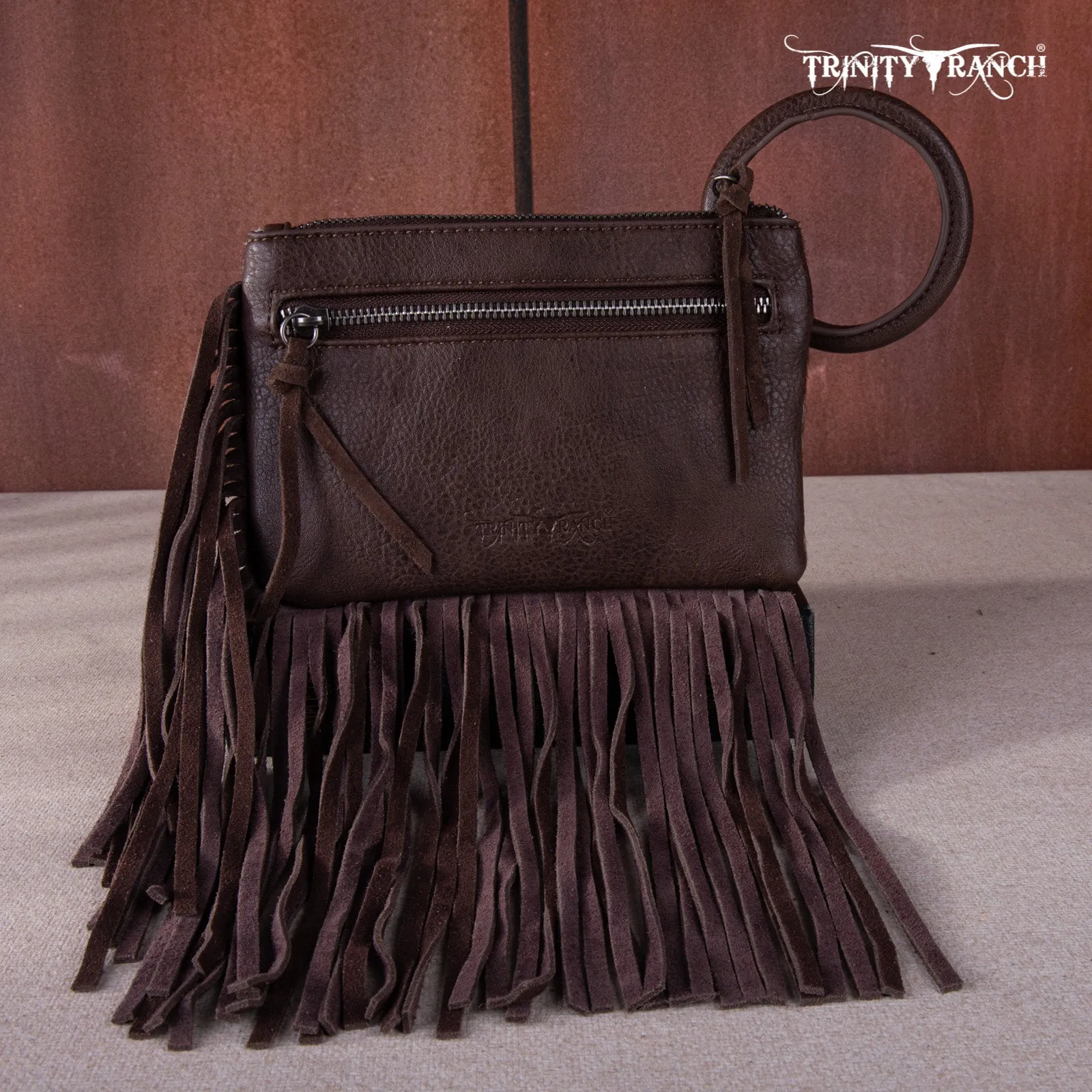 TR167-A181 Trinity Ranch Genuine Hair-On Cowhide Ring Handle Wristlet Clutch Bag - Black