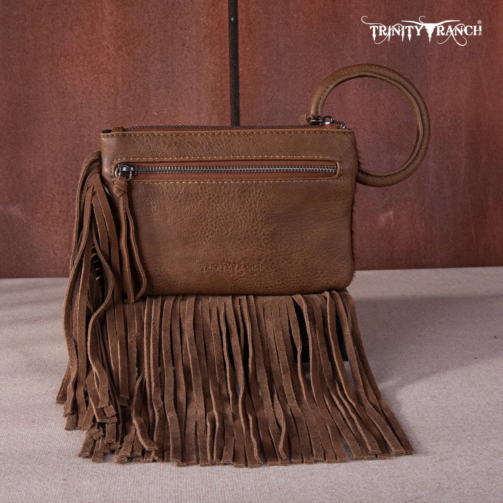 TR167-A181 Trinity Ranch Genuine Hair-On Cowhide Ring Handle Wristlet Clutch Bag - Black
