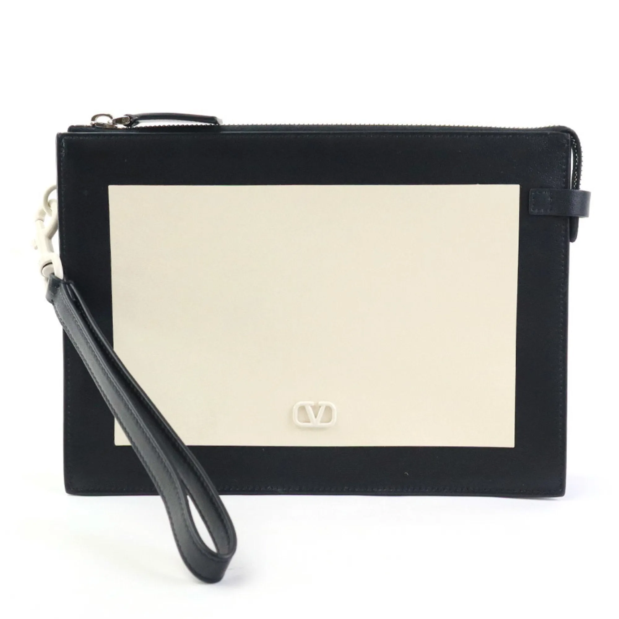 Valentino Garavani Clutch Bag V Leather Black x Ivory Men's Women's 55733g