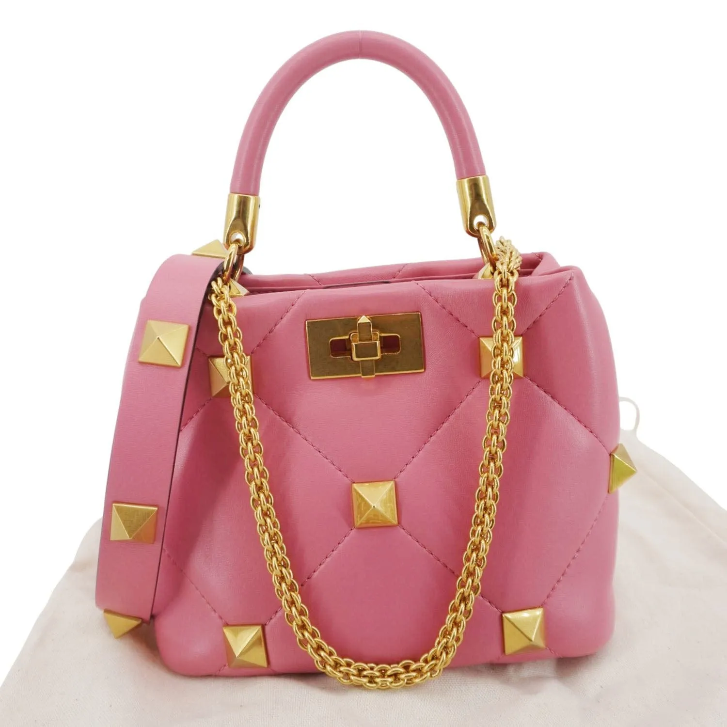 VALENTINO Roman Stud Small Nappa Leather Top Handle Crossbody Bag Flamingo Pink