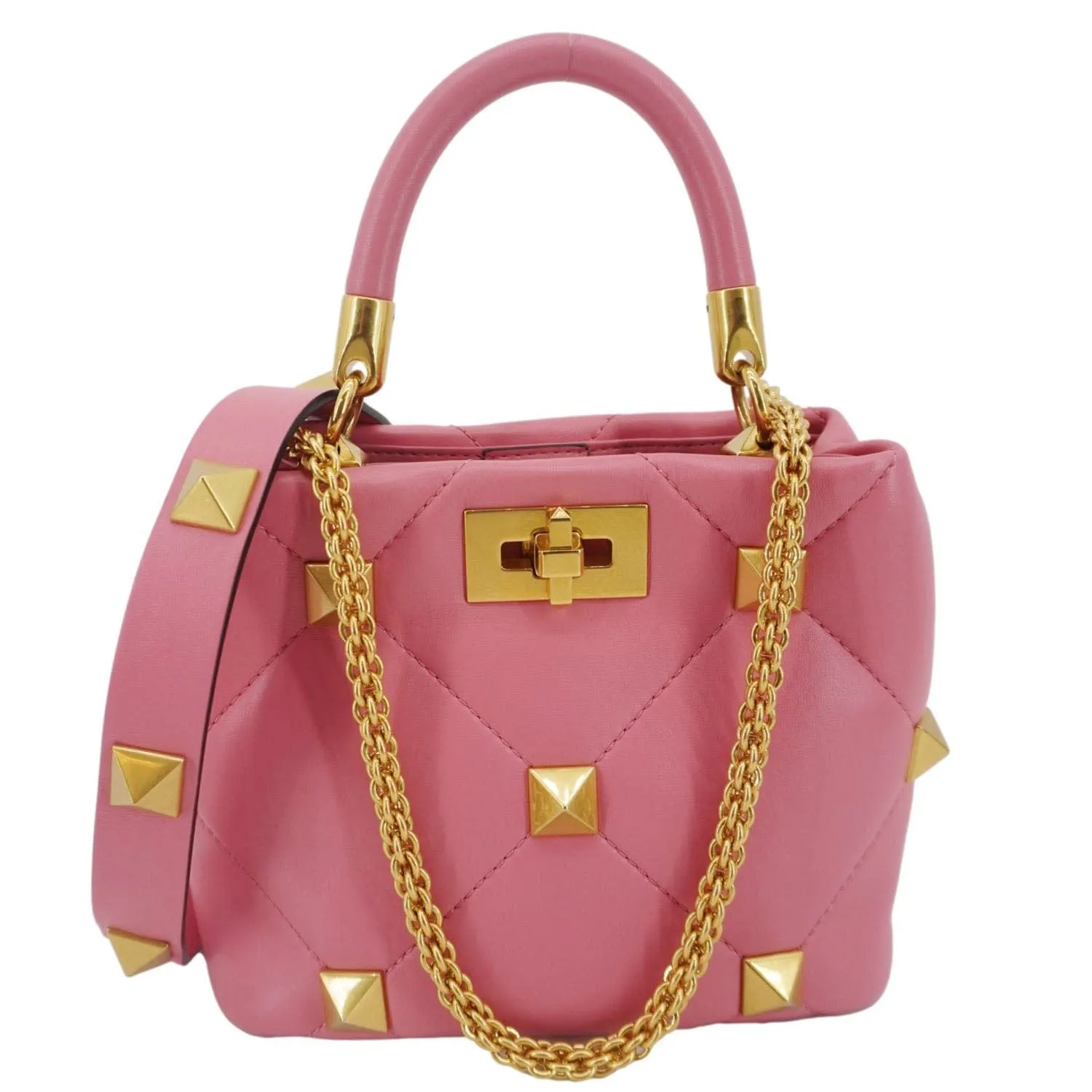 VALENTINO Roman Stud Small Nappa Leather Top Handle Crossbody Bag Flamingo Pink