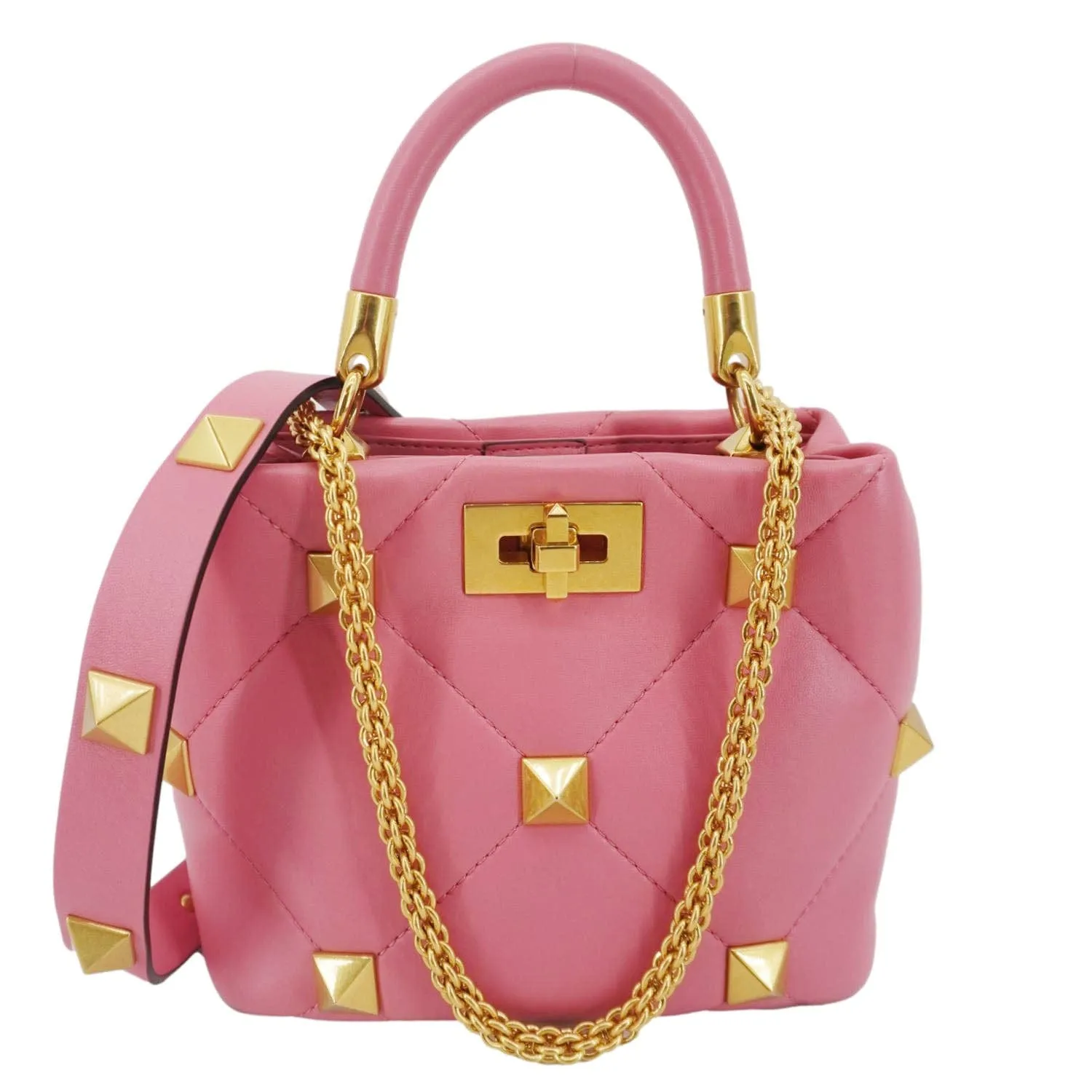 VALENTINO Roman Stud Small Nappa Leather Top Handle Crossbody Bag Flamingo Pink