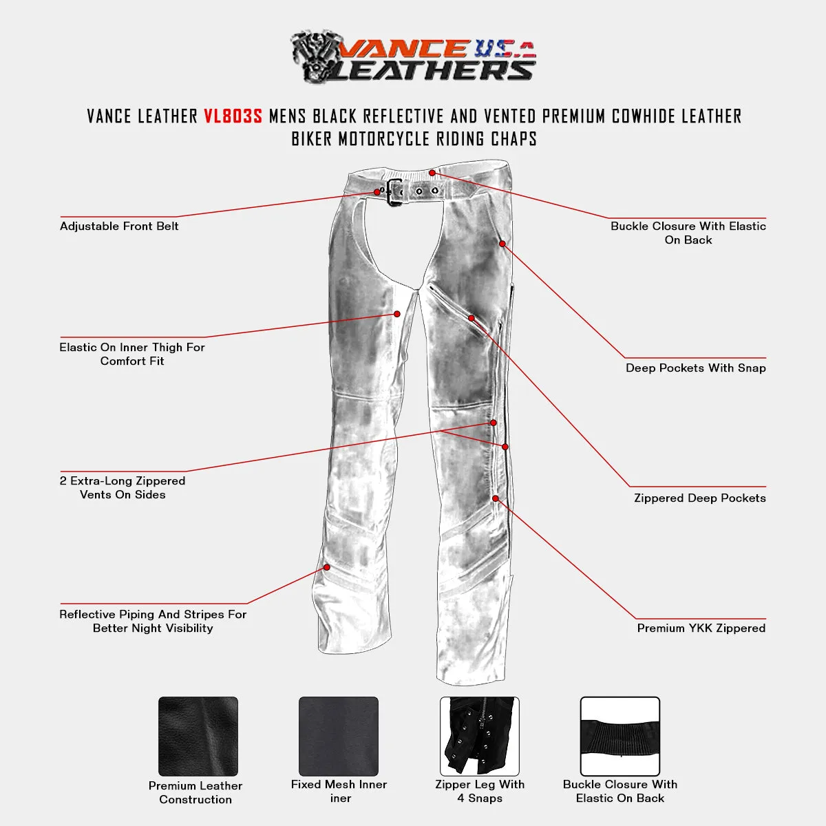 Vance Leather VL803S Unisex Black Reflective and Vented Premium Cowhide Leather Biker Motorcycle Riding Chaps