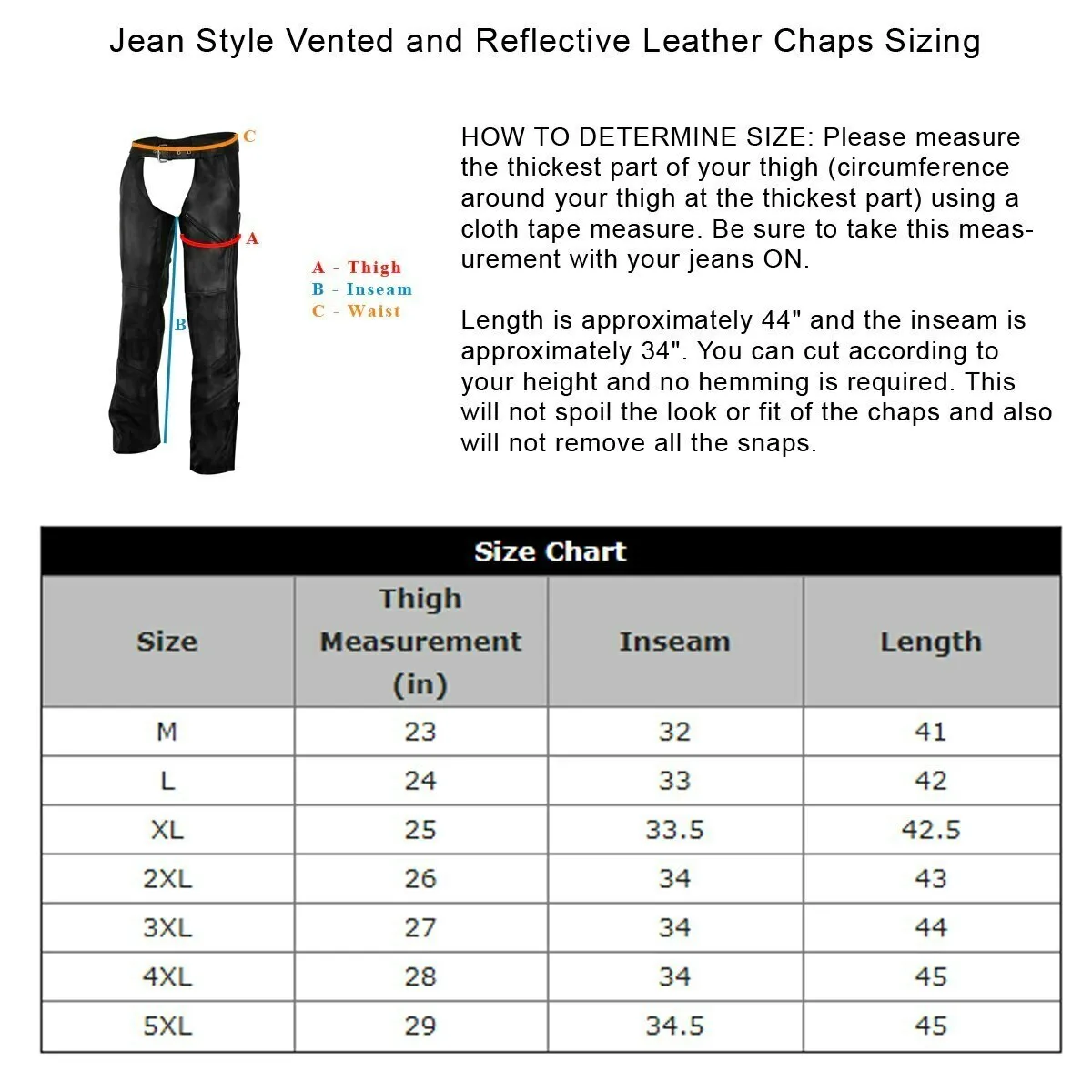 Vance Leather VL803S Unisex Black Reflective and Vented Premium Cowhide Leather Biker Motorcycle Riding Chaps