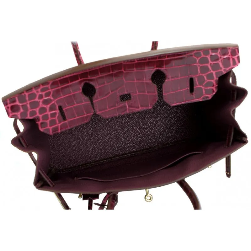 Victoria Authentic Crocodile Pattern Cowhide Leather Top Handle Bag with Padlock - Purple