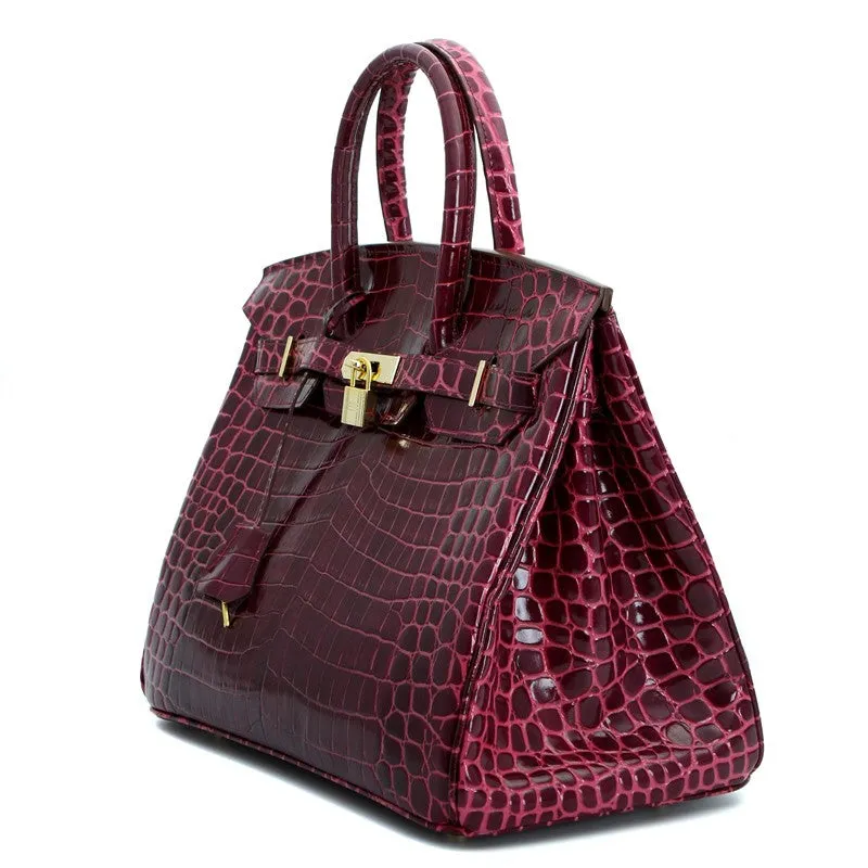 Victoria Authentic Crocodile Pattern Cowhide Leather Top Handle Bag with Padlock - Purple