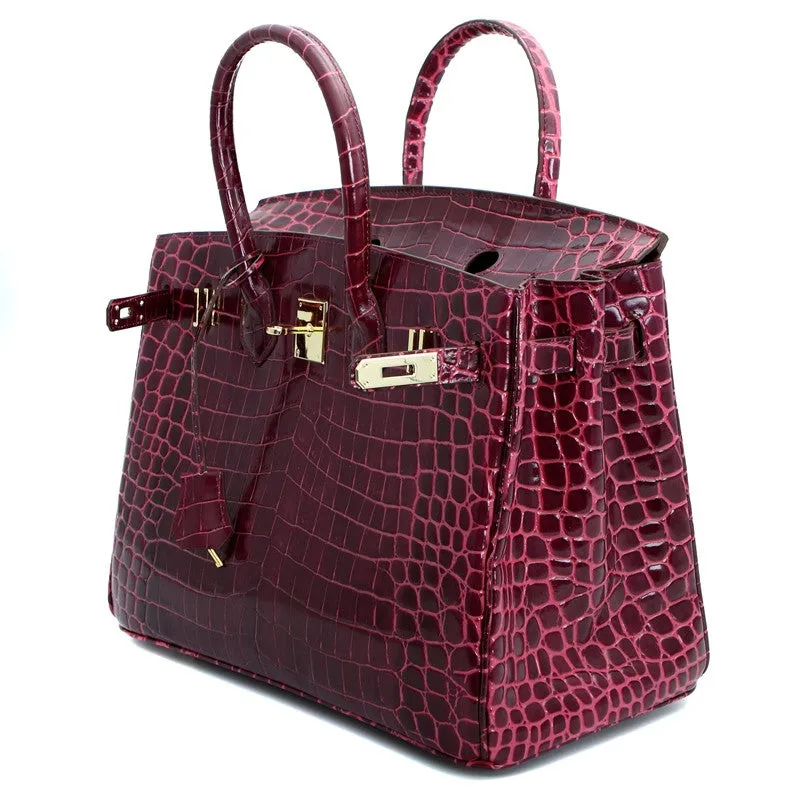 Victoria Authentic Crocodile Pattern Cowhide Leather Top Handle Bag with Padlock - Purple