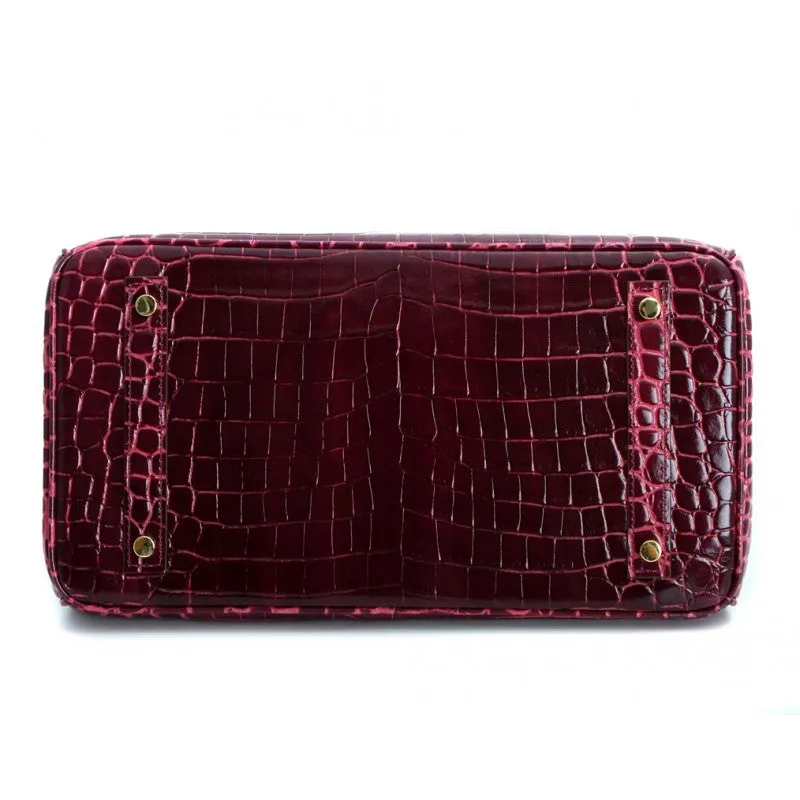 Victoria Authentic Crocodile Pattern Cowhide Leather Top Handle Bag with Padlock - Purple