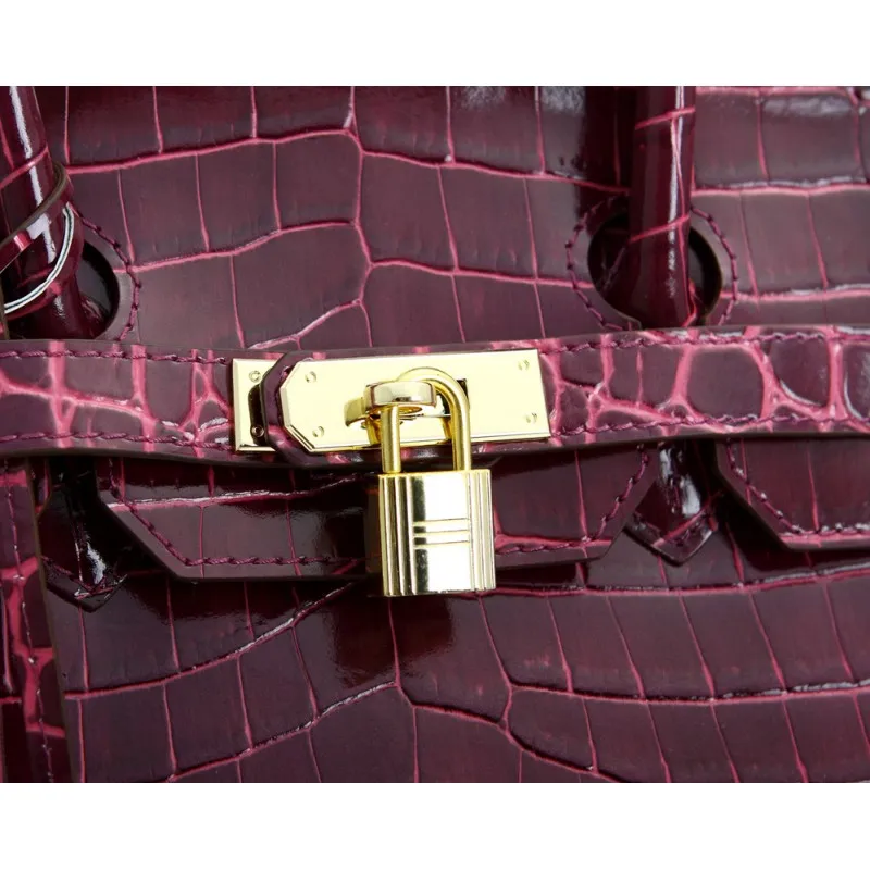 Victoria Authentic Crocodile Pattern Cowhide Leather Top Handle Bag with Padlock - Purple