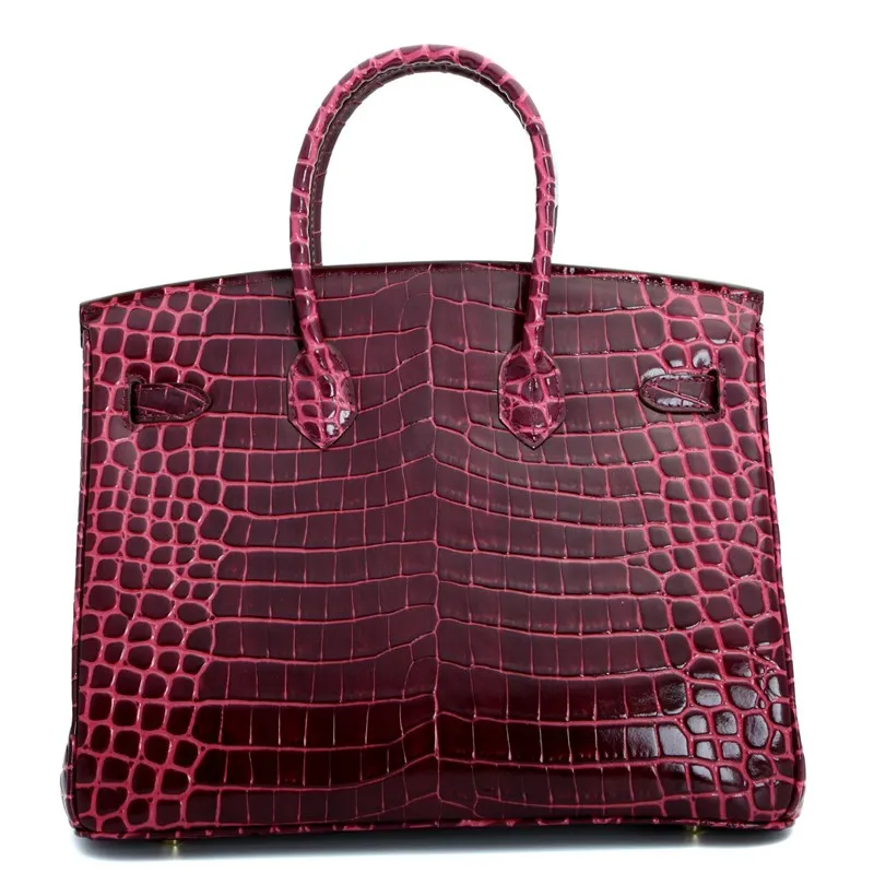 Victoria Authentic Crocodile Pattern Cowhide Leather Top Handle Bag with Padlock - Purple