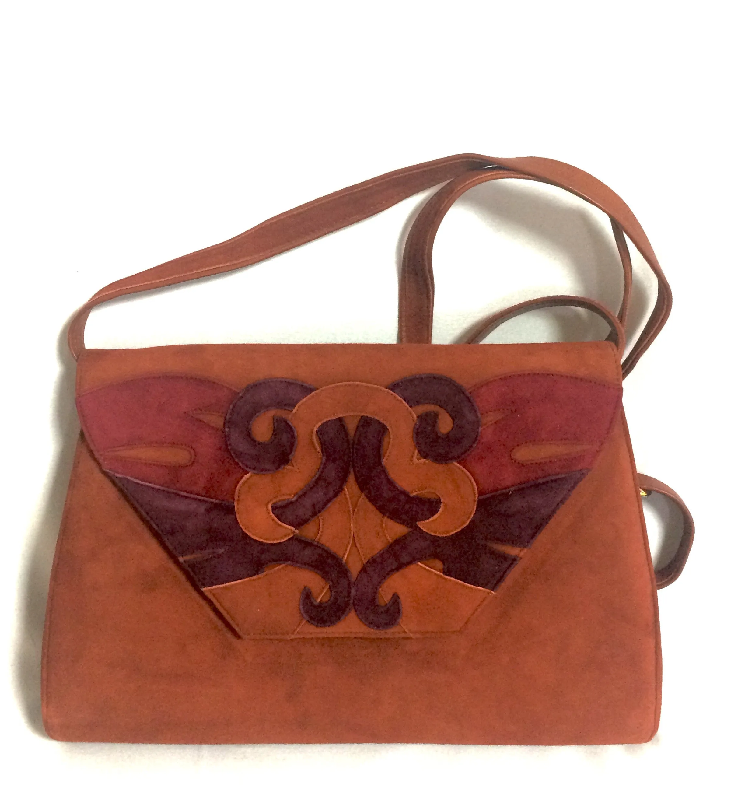 Vintage Bally brown, red, and purple suede leather ethnic design shoulder bag, clutch purse.