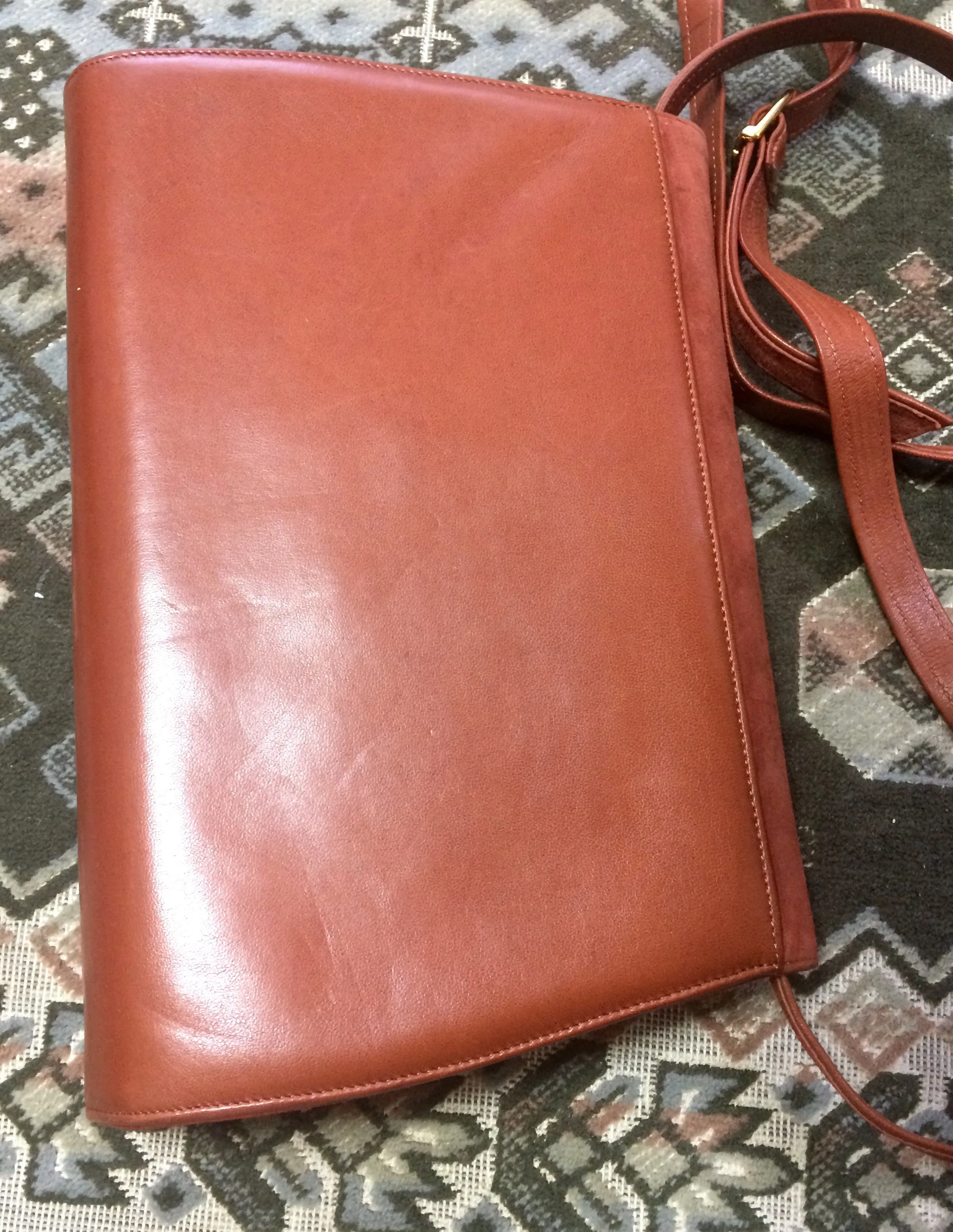 Vintage Bally brown, red, and purple suede leather ethnic design shoulder bag, clutch purse.