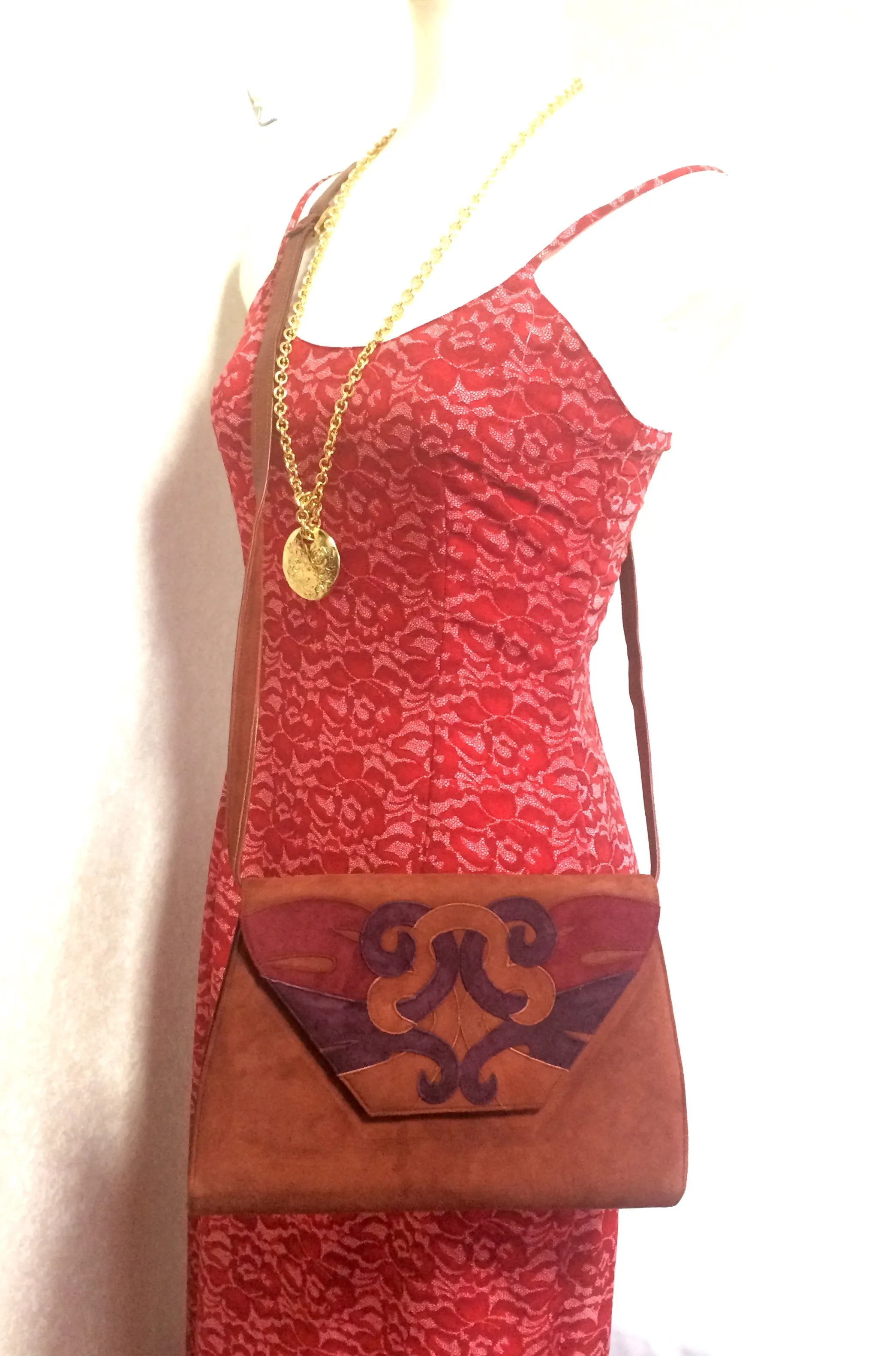 Vintage Bally brown, red, and purple suede leather ethnic design shoulder bag, clutch purse.