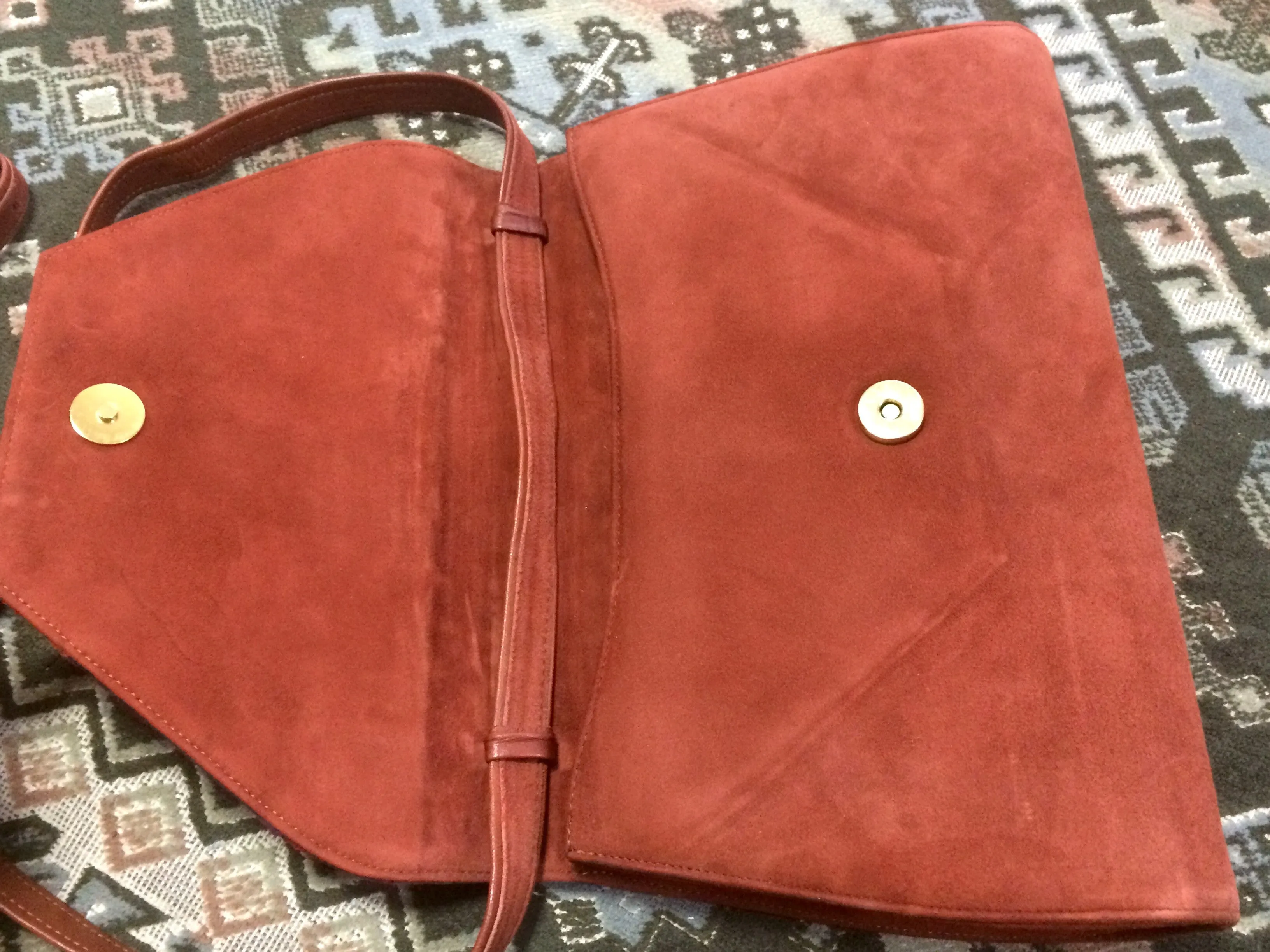 Vintage Bally brown, red, and purple suede leather ethnic design shoulder bag, clutch purse.