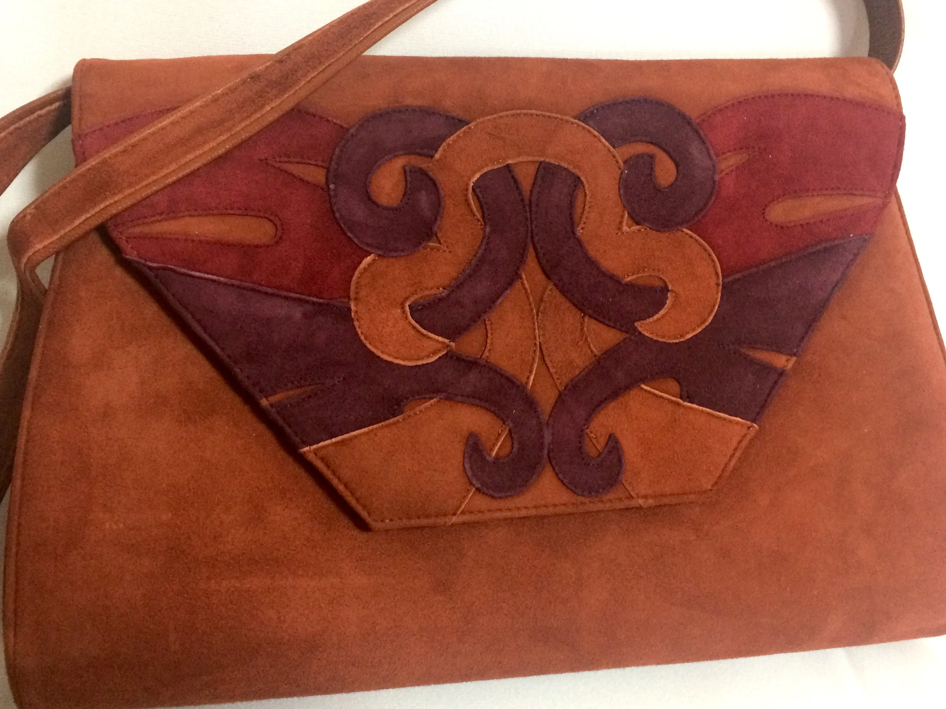 Vintage Bally brown, red, and purple suede leather ethnic design shoulder bag, clutch purse.