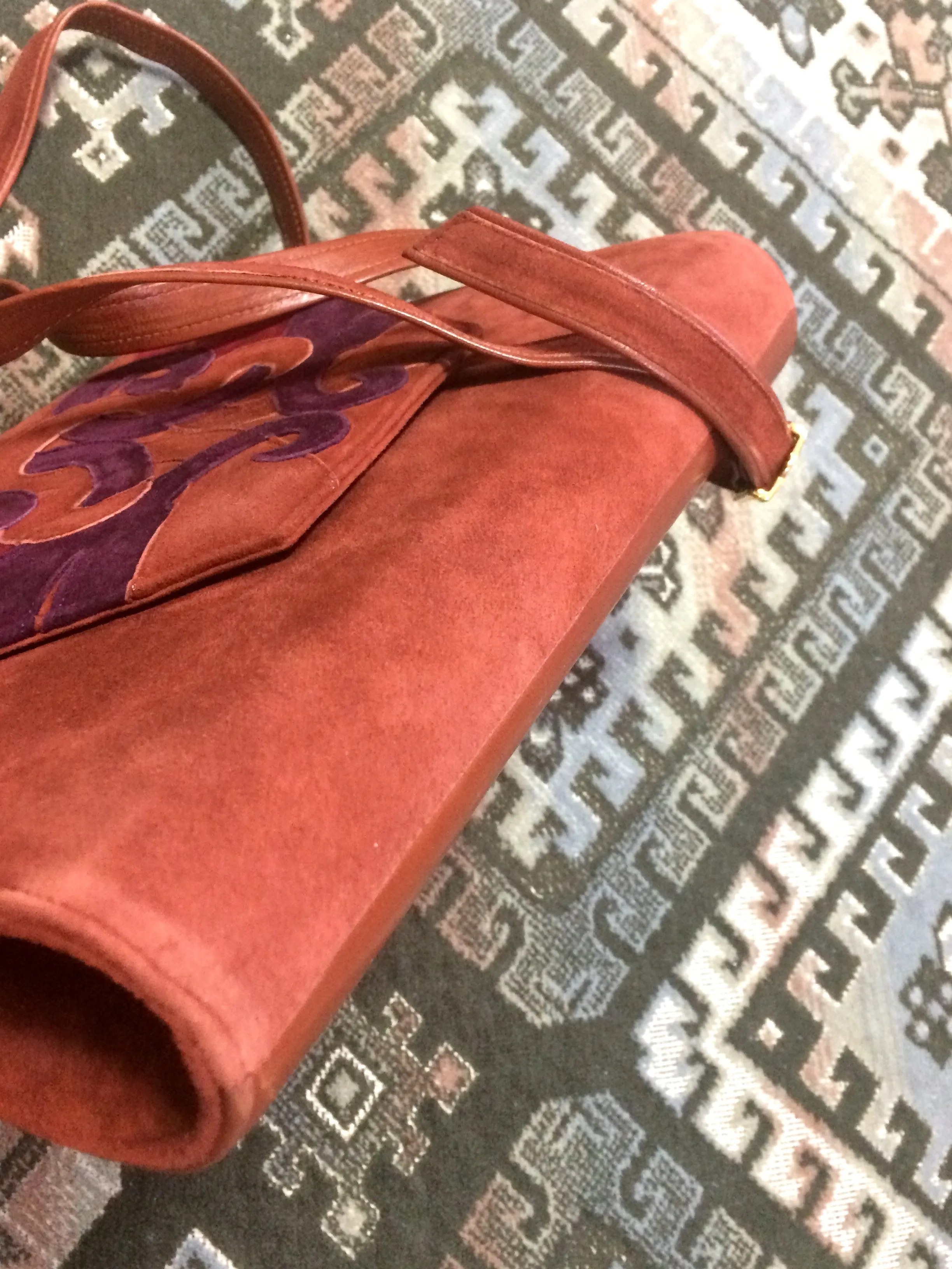 Vintage Bally brown, red, and purple suede leather ethnic design shoulder bag, clutch purse.