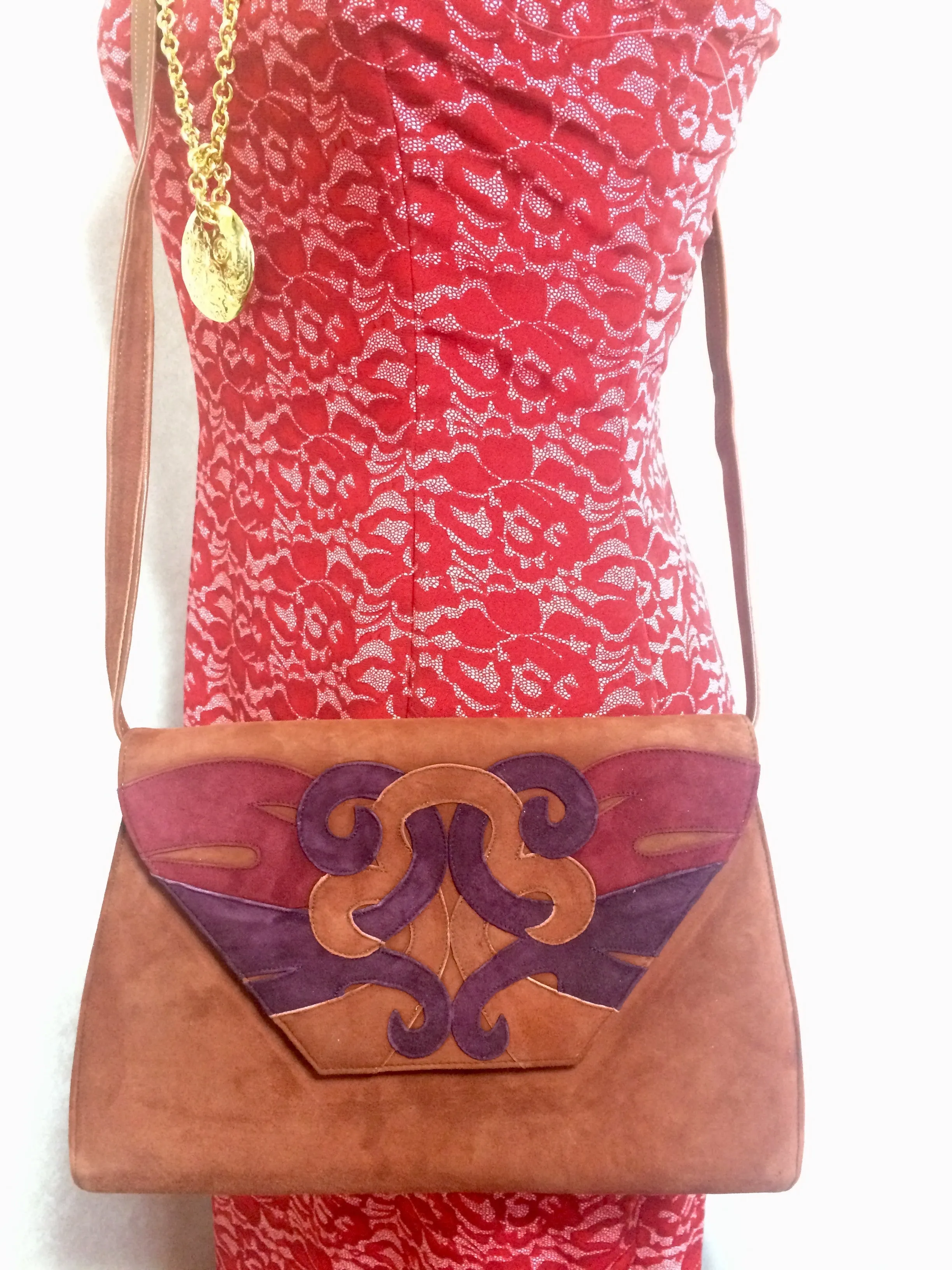 Vintage Bally brown, red, and purple suede leather ethnic design shoulder bag, clutch purse.