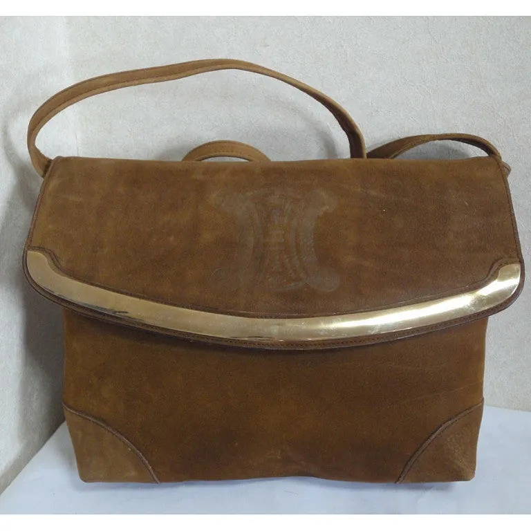 Vintage CELINE genuine suede tanned brown leather shoulder bag, clutch purse with golden frame flap and embossed triomphe logo. 050818f4