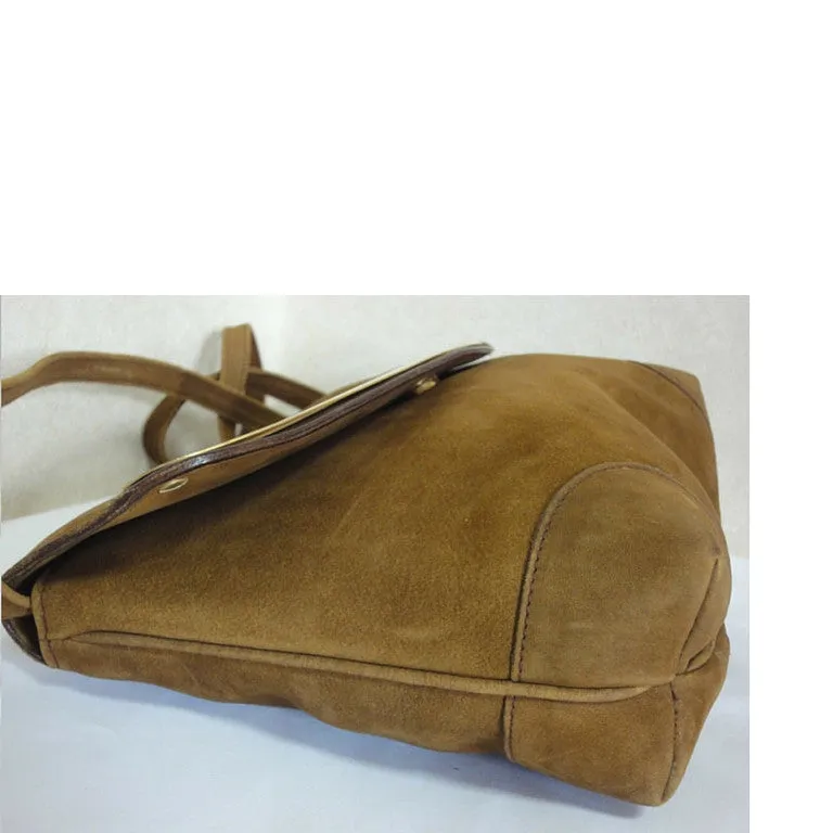 Vintage CELINE genuine suede tanned brown leather shoulder bag, clutch purse with golden frame flap and embossed triomphe logo. 050818f4