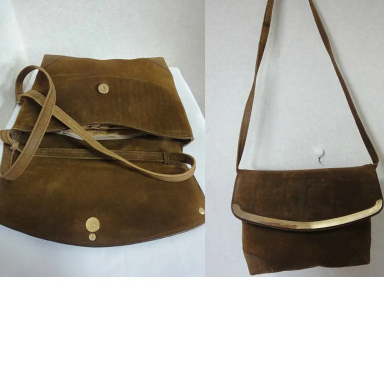 Vintage CELINE genuine suede tanned brown leather shoulder bag, clutch purse with golden frame flap and embossed triomphe logo. 050818f4