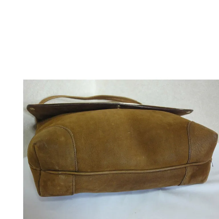 Vintage CELINE genuine suede tanned brown leather shoulder bag, clutch purse with golden frame flap and embossed triomphe logo. 050818f4