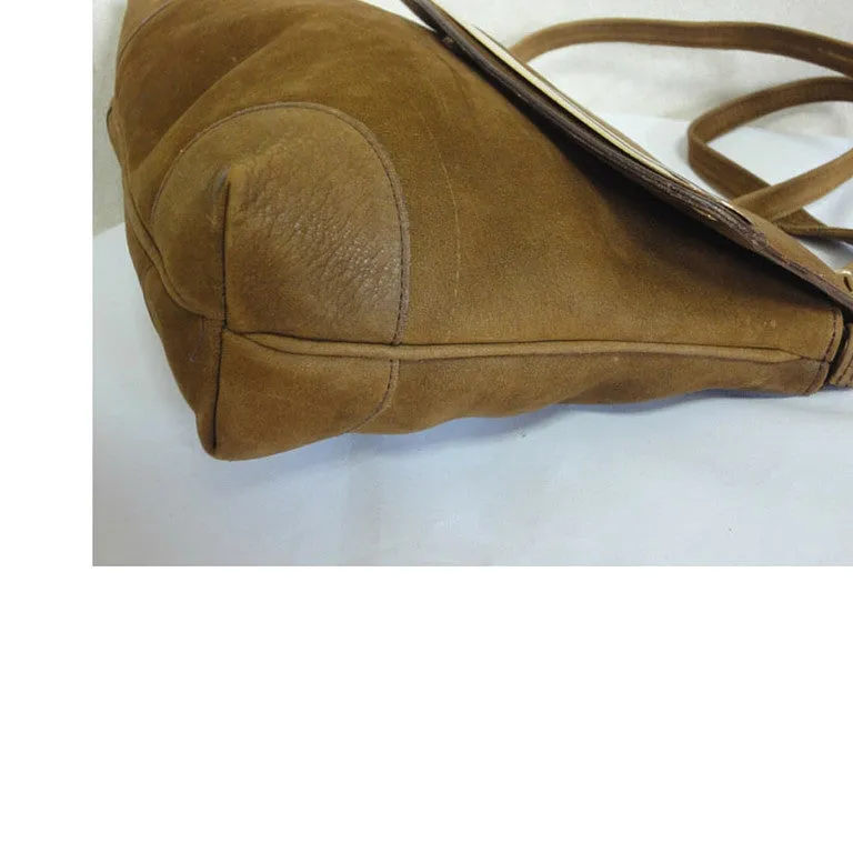 Vintage CELINE genuine suede tanned brown leather shoulder bag, clutch purse with golden frame flap and embossed triomphe logo. 050818f4