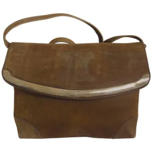 Vintage CELINE genuine suede tanned brown leather shoulder bag, clutch purse with golden frame flap and embossed triomphe logo. 050818f4