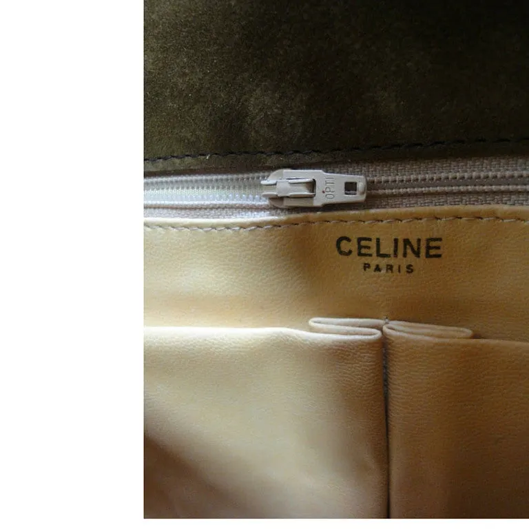 Vintage CELINE genuine suede tanned brown leather shoulder bag, clutch purse with golden frame flap and embossed triomphe logo. 050818f4