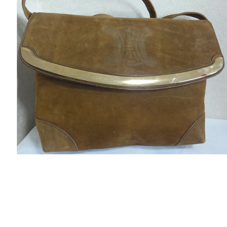 Vintage CELINE genuine suede tanned brown leather shoulder bag, clutch purse with golden frame flap and embossed triomphe logo. 050818f4