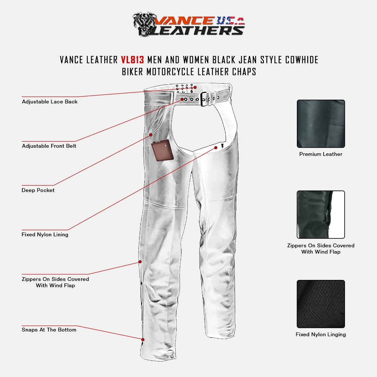 VL813 Vance Leather Levi Style Pocket Premium Leather Chaps
