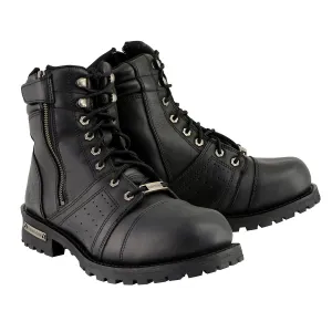 WIDE MBM9000W Men's Black Lace-Up 'Wide-Width' Motorcycle Leather Boots with Side Zipper Entry