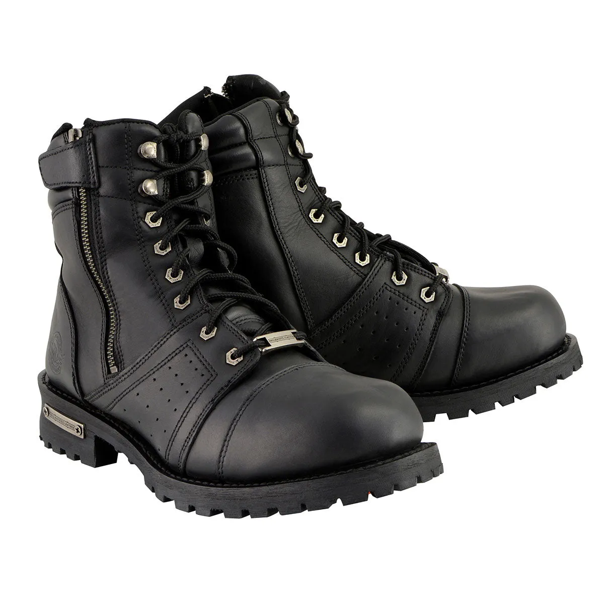 WIDE MBM9000W Men's Black Lace-Up 'Wide-Width' Motorcycle Leather Boots with Side Zipper Entry