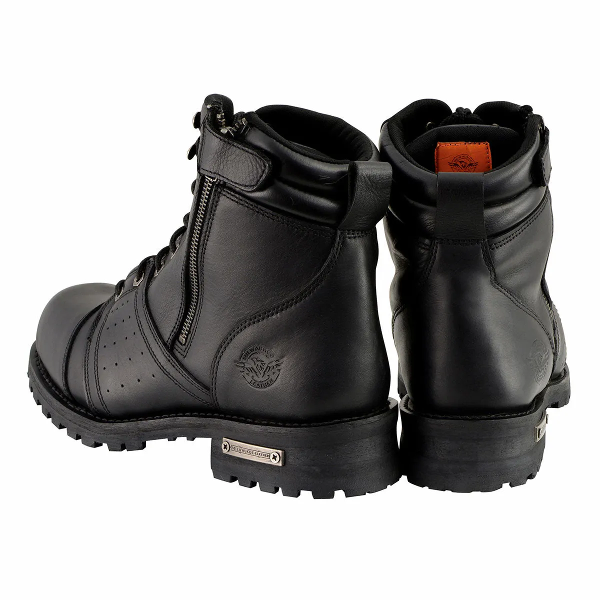 WIDE MBM9000W Men's Black Lace-Up 'Wide-Width' Motorcycle Leather Boots with Side Zipper Entry