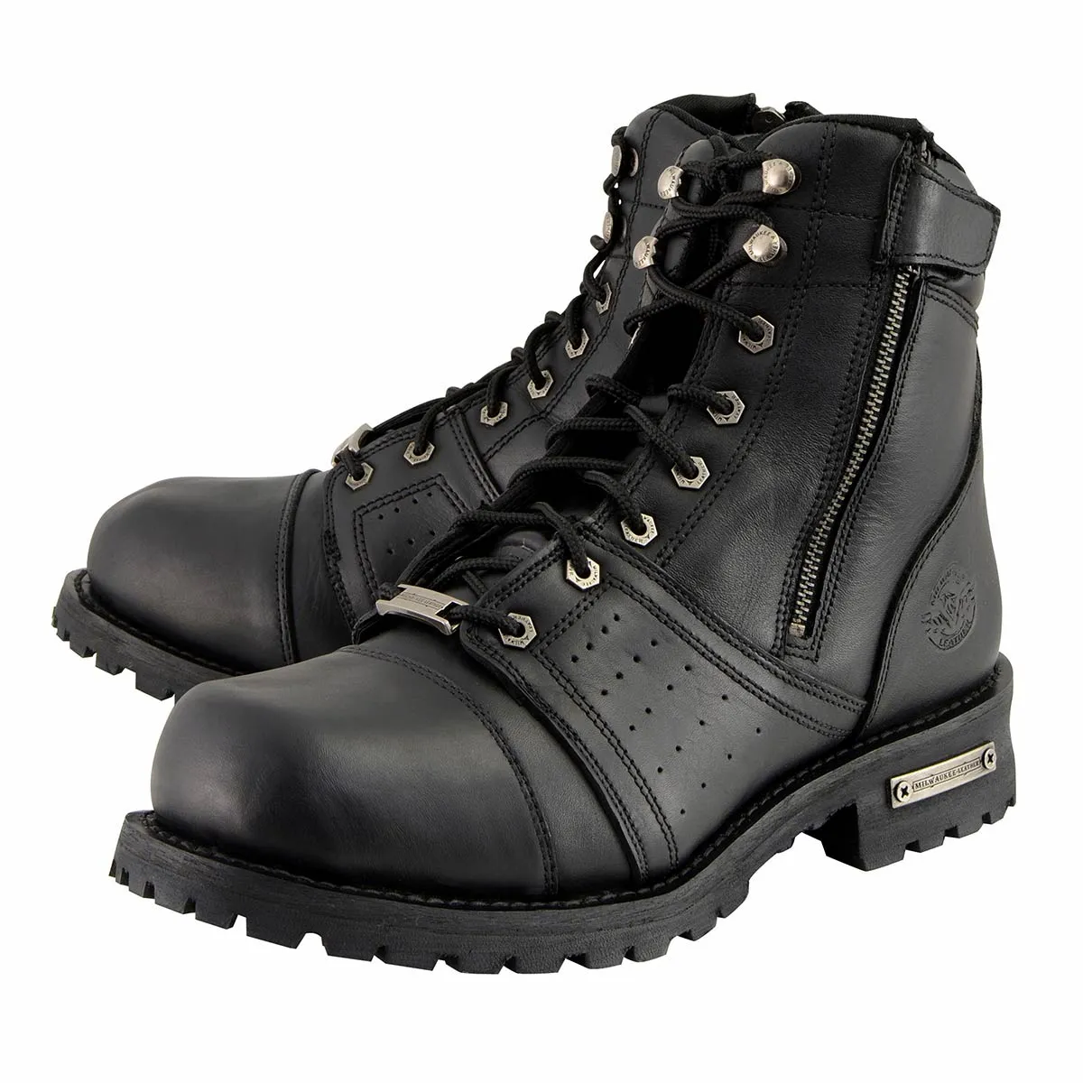 WIDE MBM9000W Men's Black Lace-Up 'Wide-Width' Motorcycle Leather Boots with Side Zipper Entry