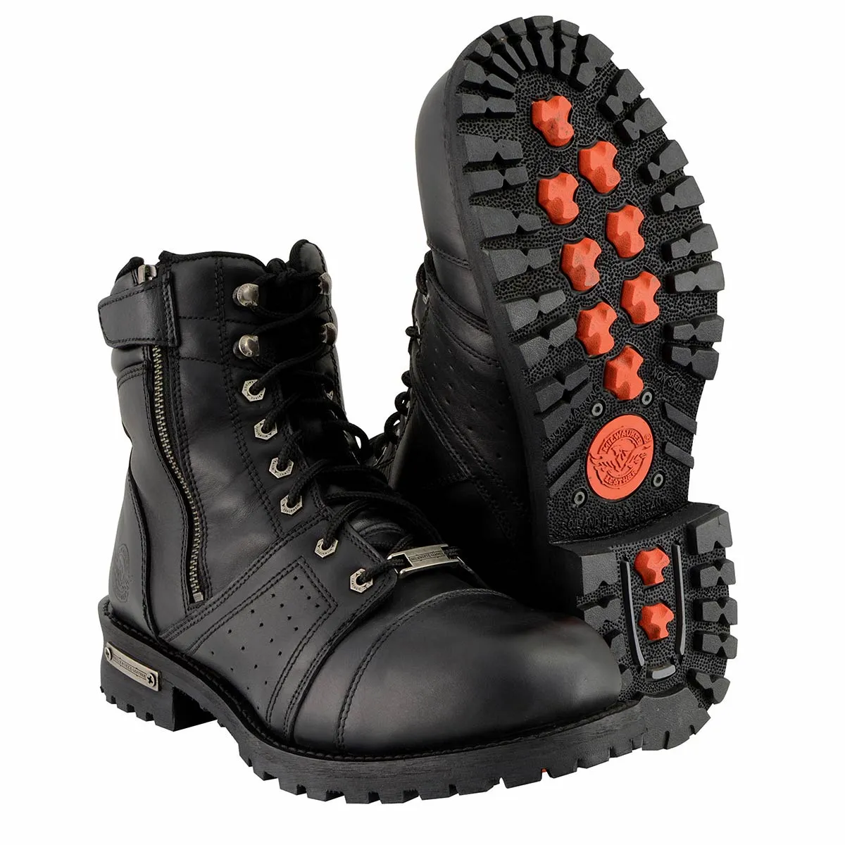WIDE MBM9000W Men's Black Lace-Up 'Wide-Width' Motorcycle Leather Boots with Side Zipper Entry