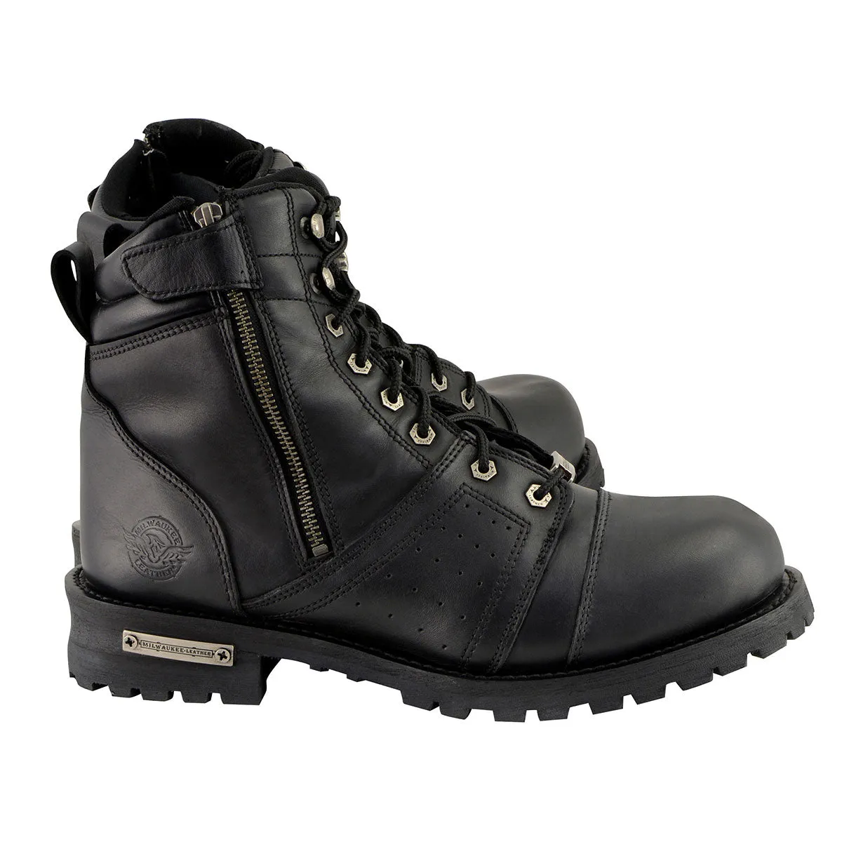 WIDE MBM9000W Men's Black Lace-Up 'Wide-Width' Motorcycle Leather Boots with Side Zipper Entry