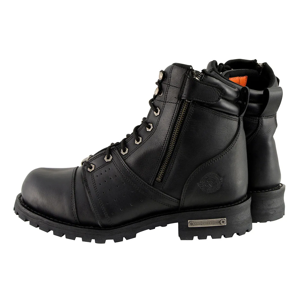 WIDE MBM9000W Men's Black Lace-Up 'Wide-Width' Motorcycle Leather Boots with Side Zipper Entry