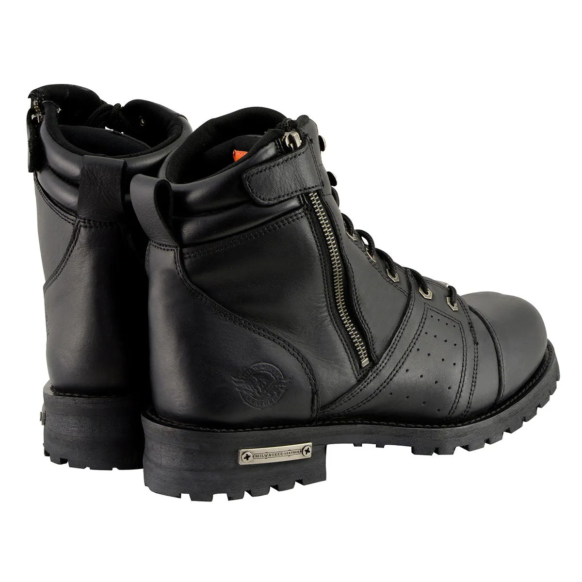 WIDE MBM9000W Men's Black Lace-Up 'Wide-Width' Motorcycle Leather Boots with Side Zipper Entry
