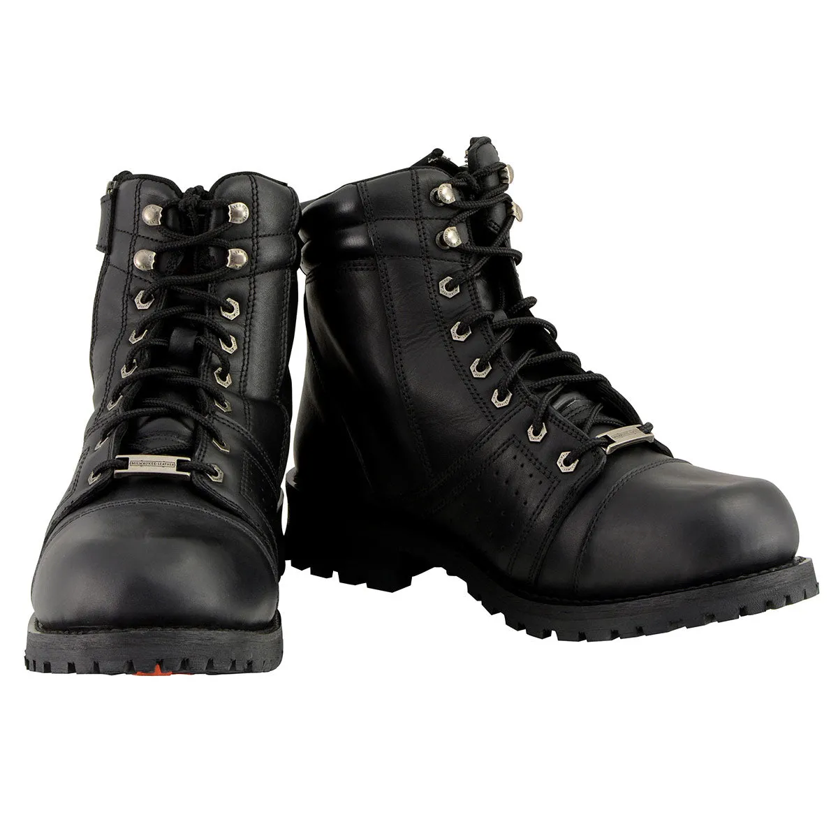 WIDE MBM9000W Men's Black Lace-Up 'Wide-Width' Motorcycle Leather Boots with Side Zipper Entry