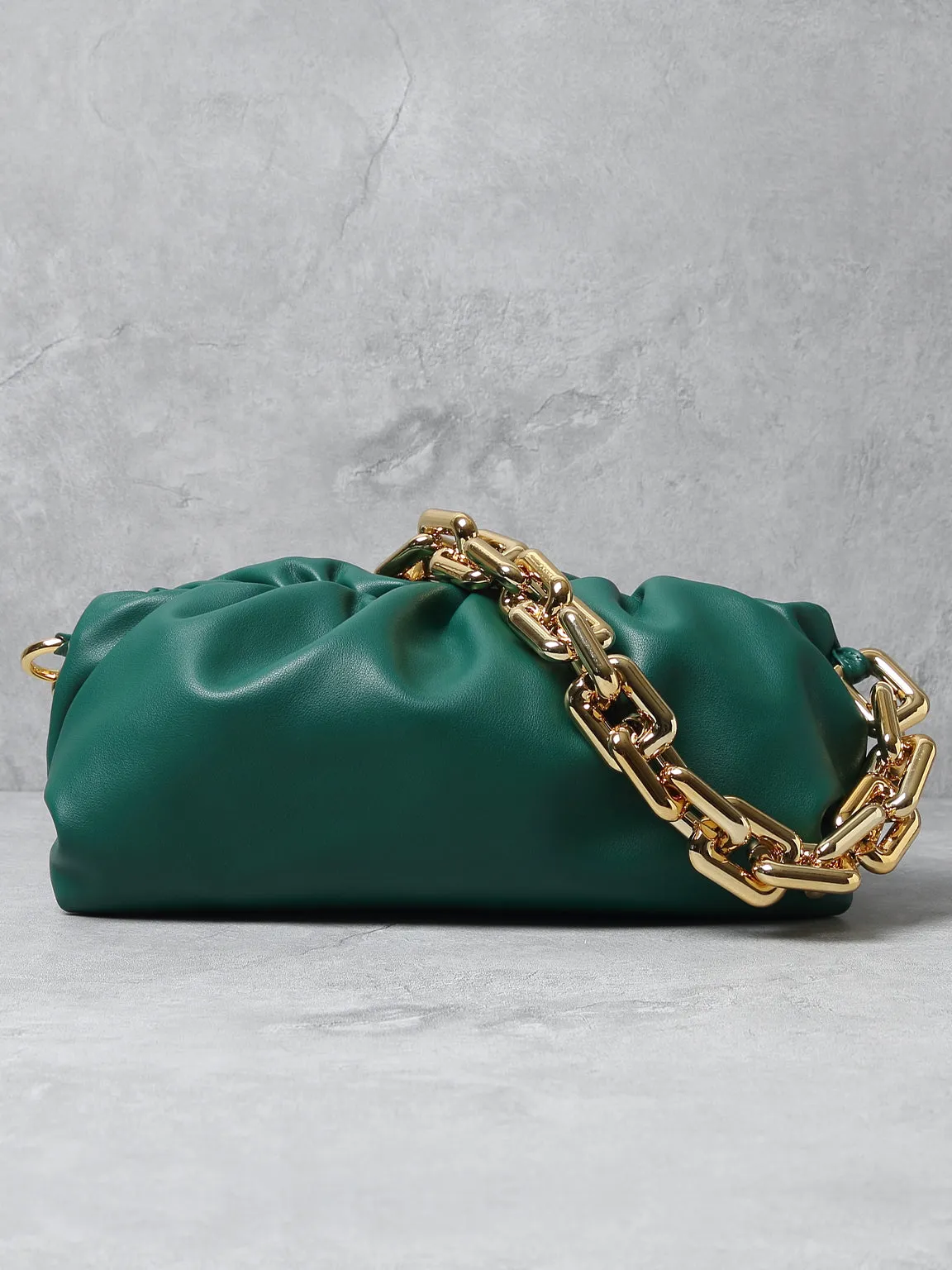 Women's Cloud Clutch Shoulder Bag Ruched Pouch Golden Chunky Chain Bag