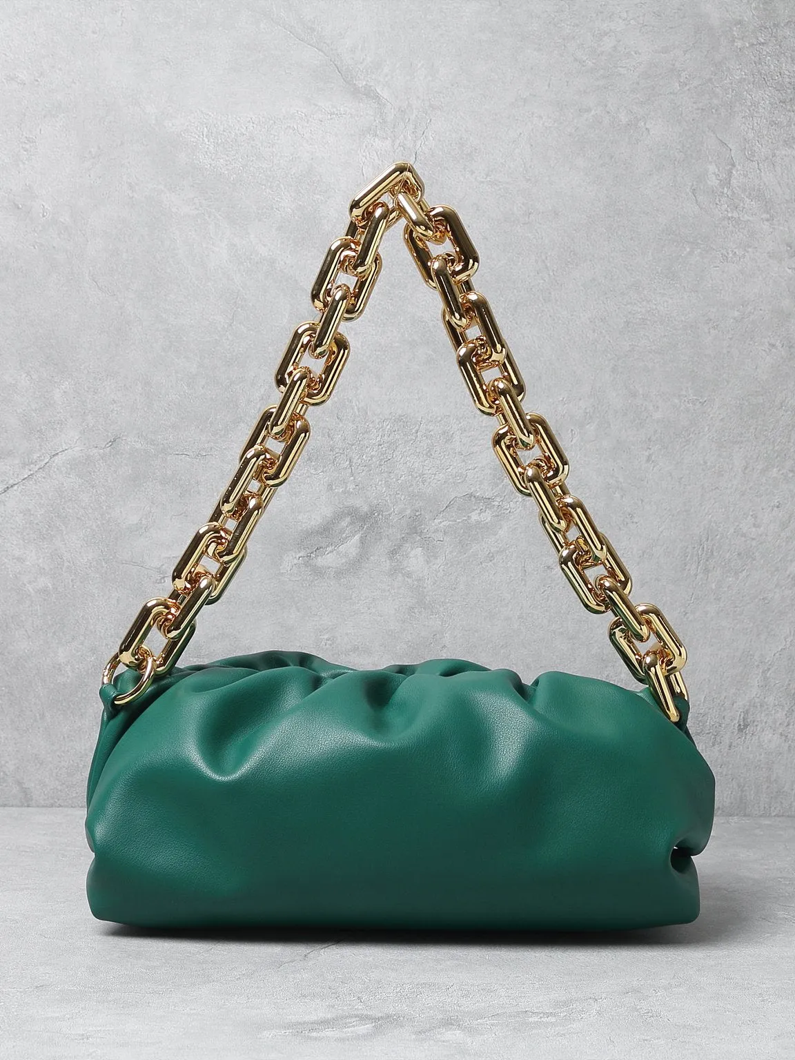 Women's Cloud Clutch Shoulder Bag Ruched Pouch Golden Chunky Chain Bag