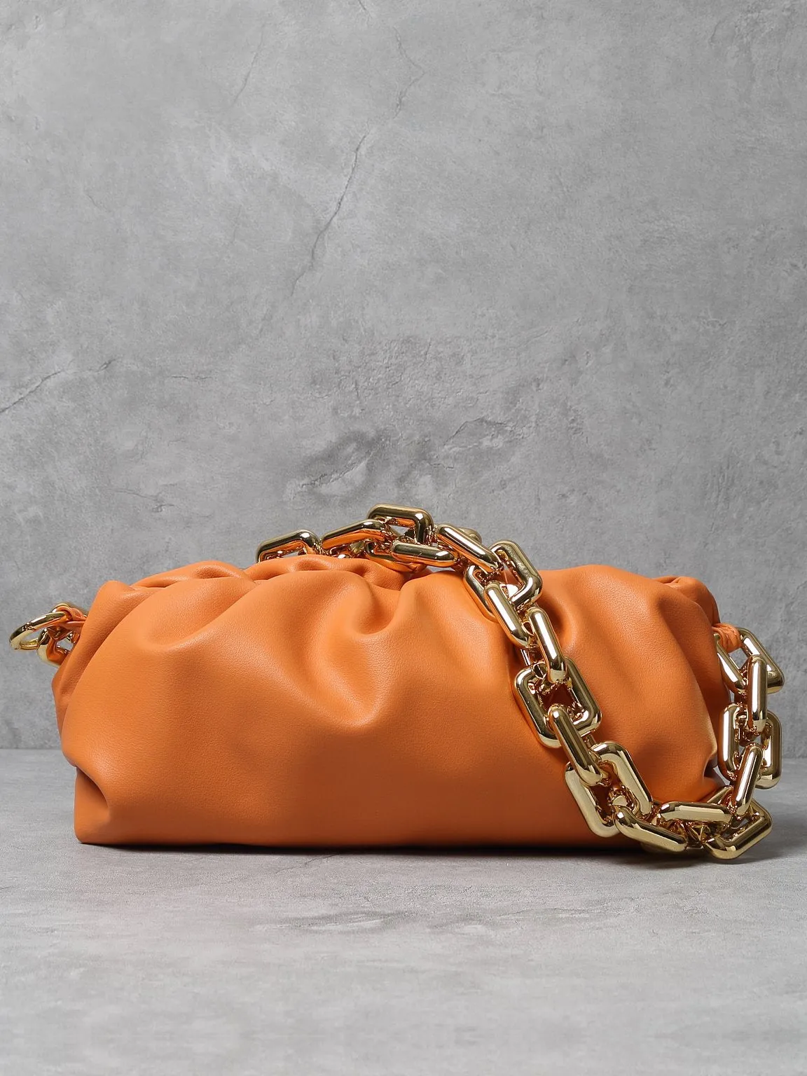 Women's Cloud Clutch Shoulder Bag Ruched Pouch Golden Chunky Chain Bag