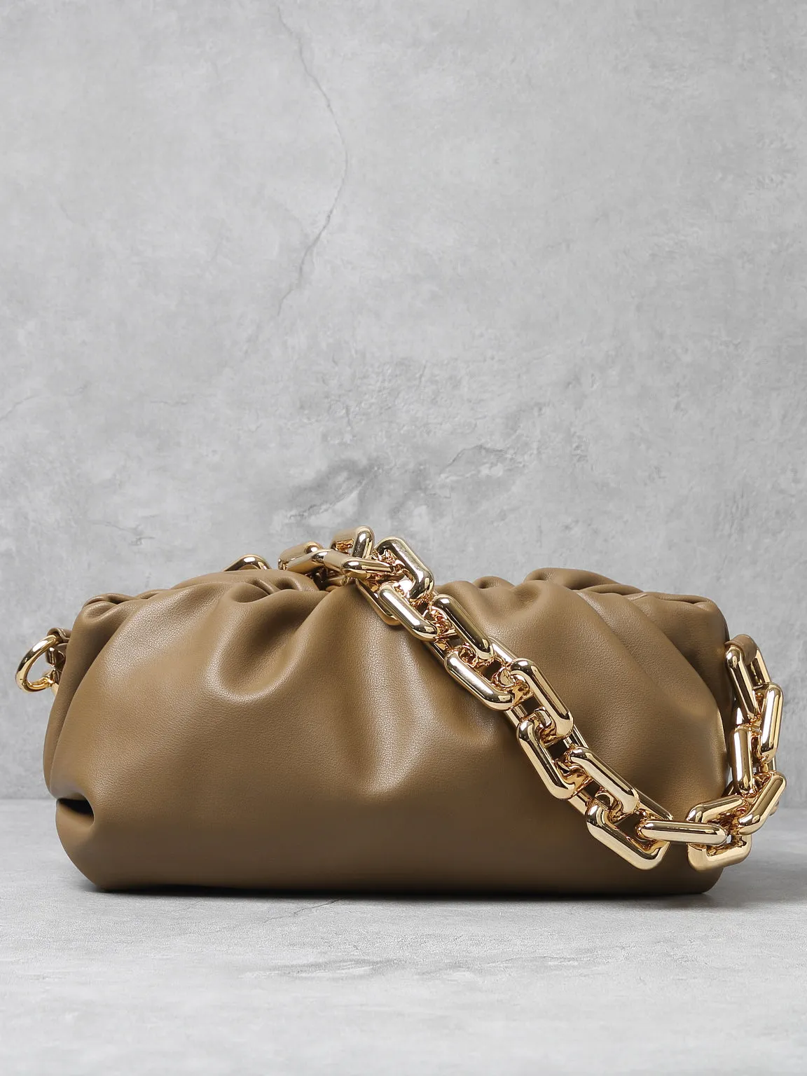 Women's Cloud Clutch Shoulder Bag Ruched Pouch Golden Chunky Chain Bag
