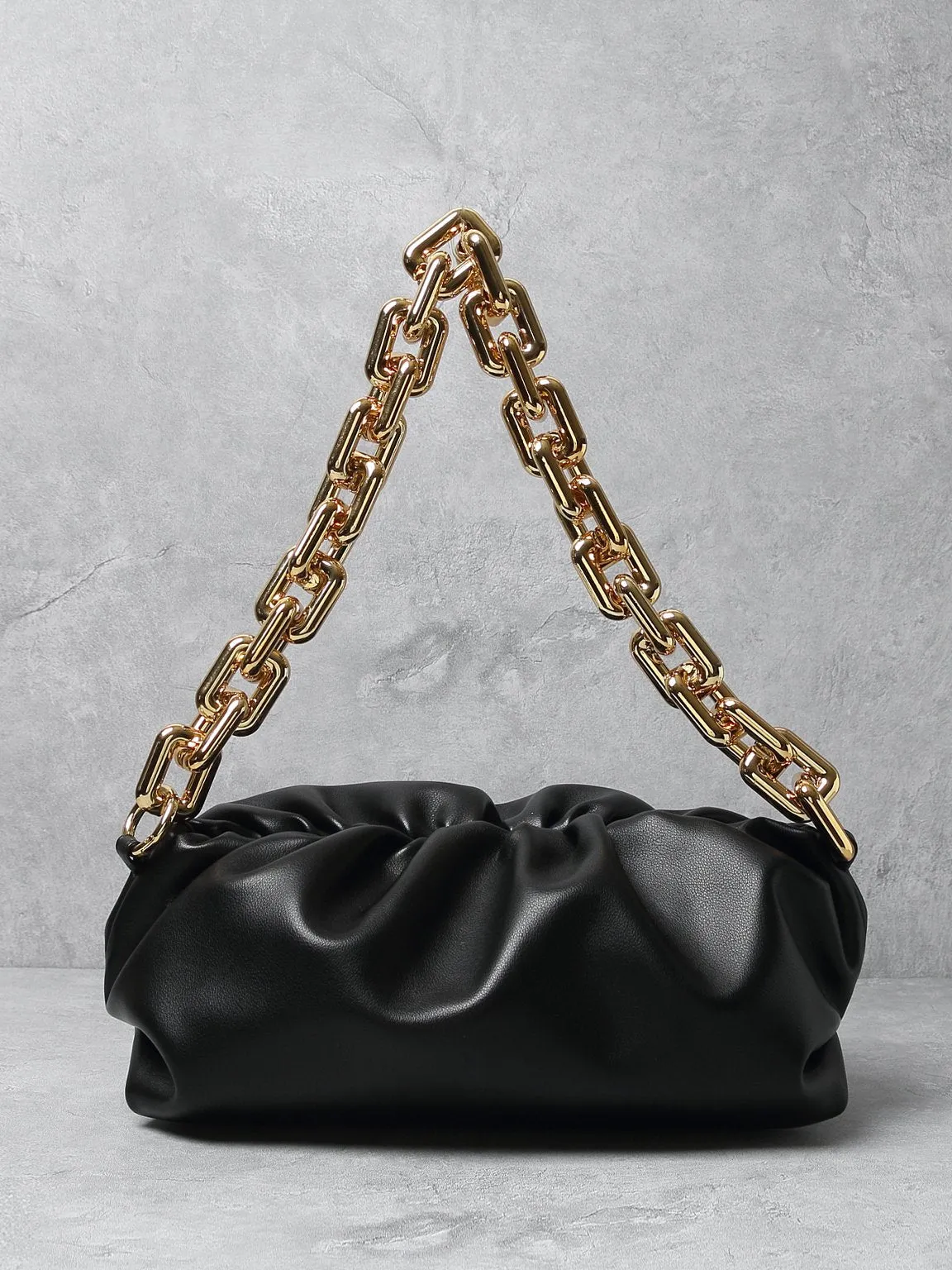 Women's Cloud Clutch Shoulder Bag Ruched Pouch Golden Chunky Chain Bag